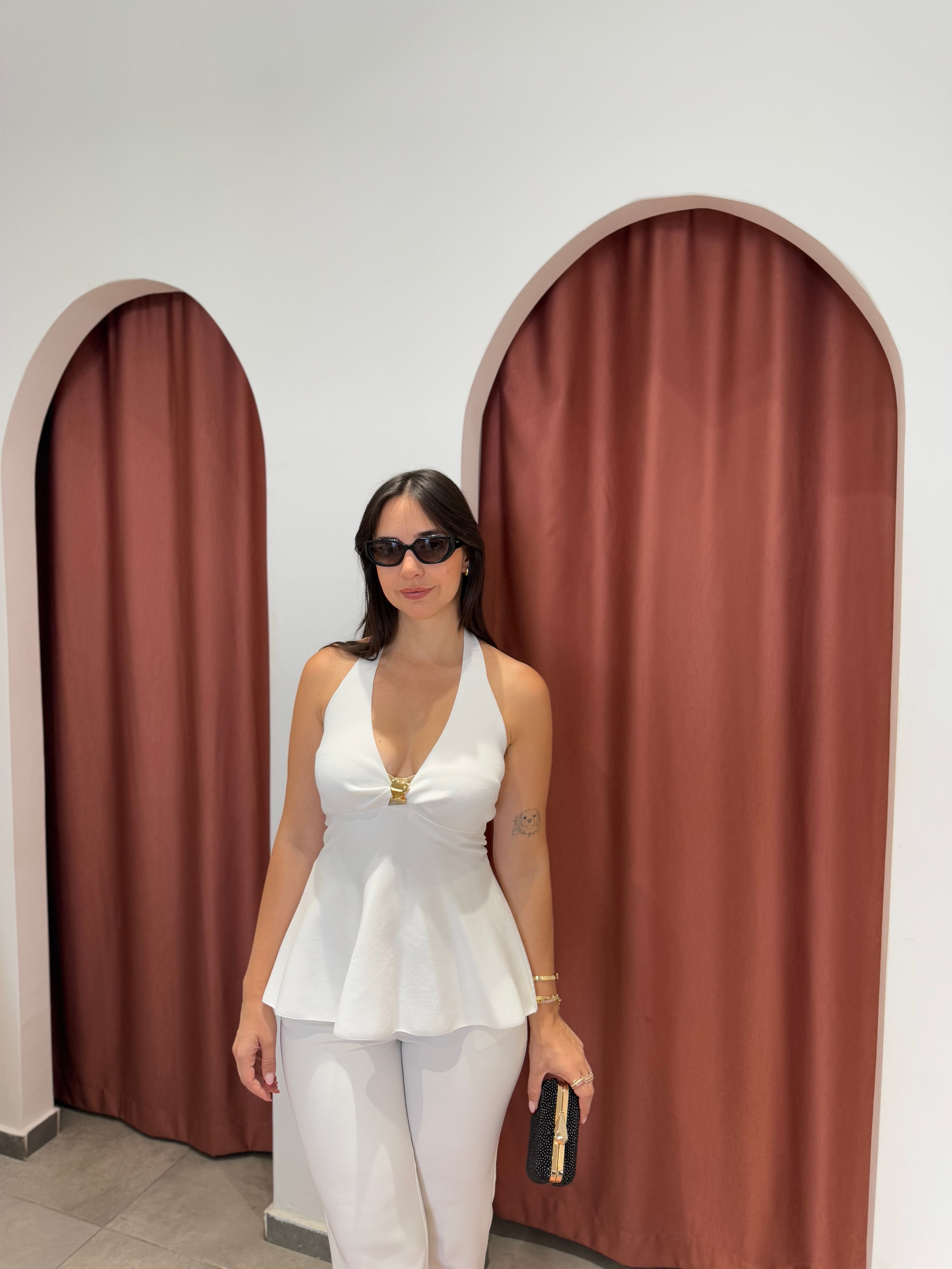 Halter Yaka Peplum Bluz Ekru