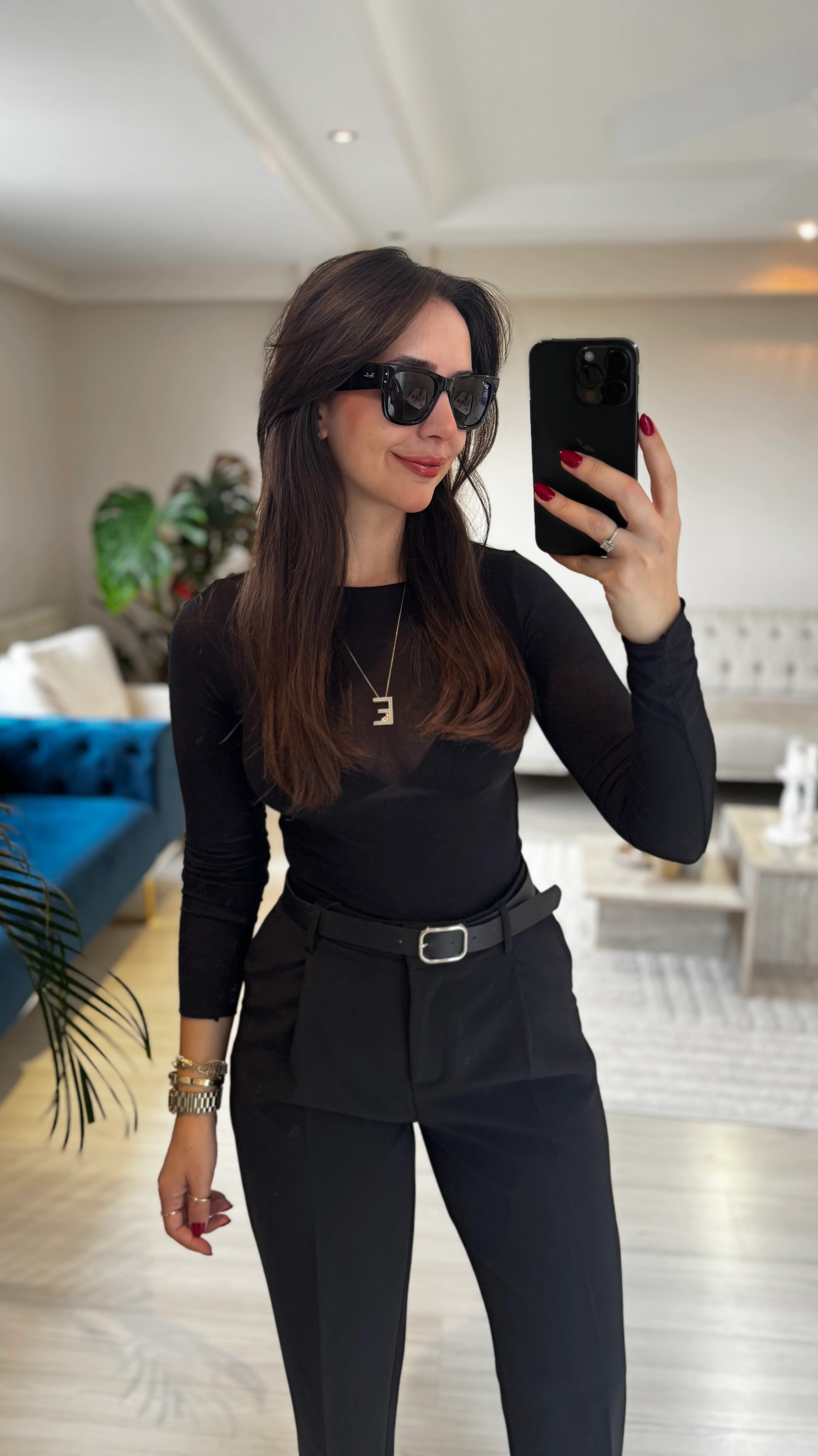 Kemerli Pensli Siyah Pantolon