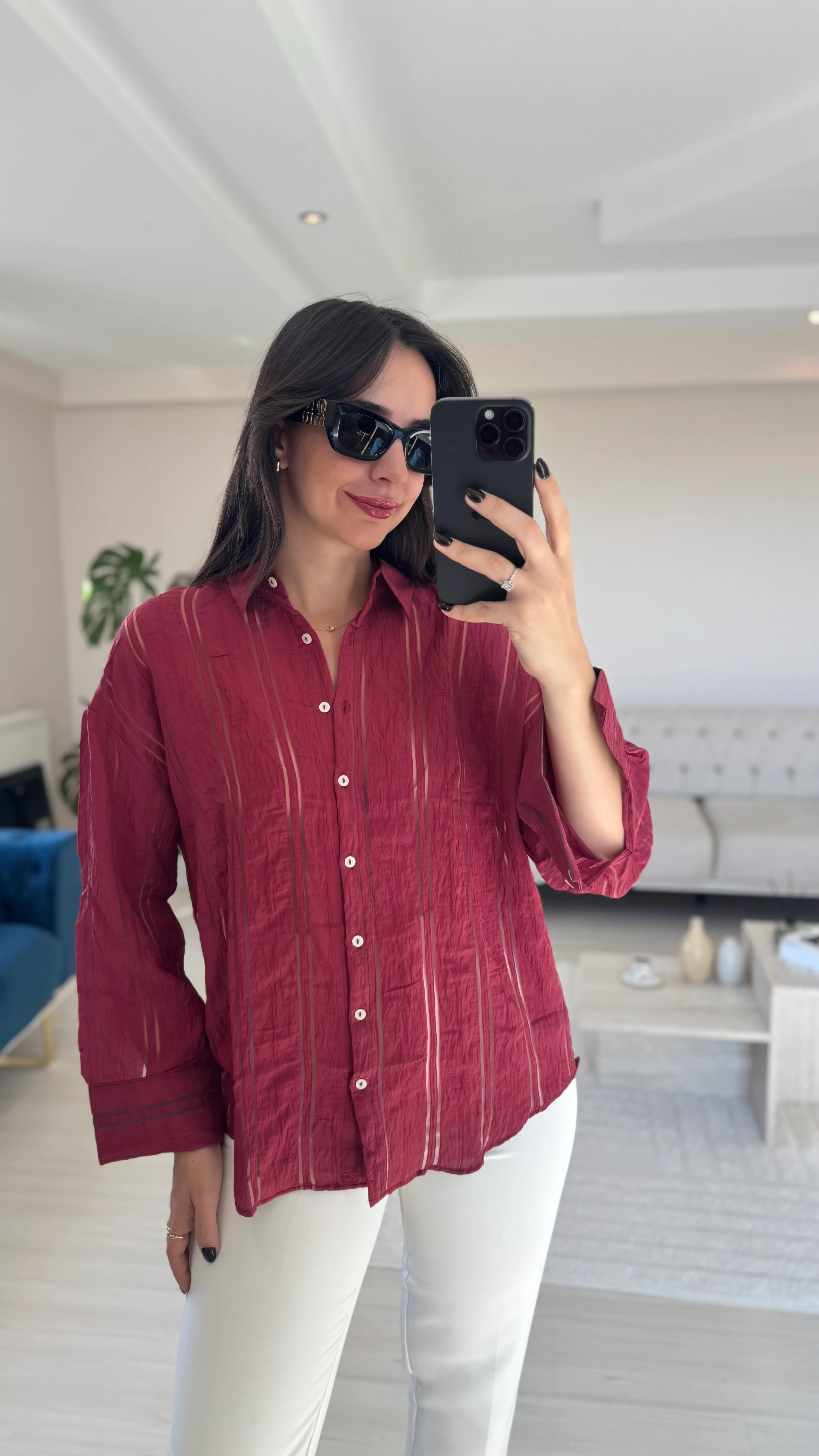 Bordo Çizgili Gömlek