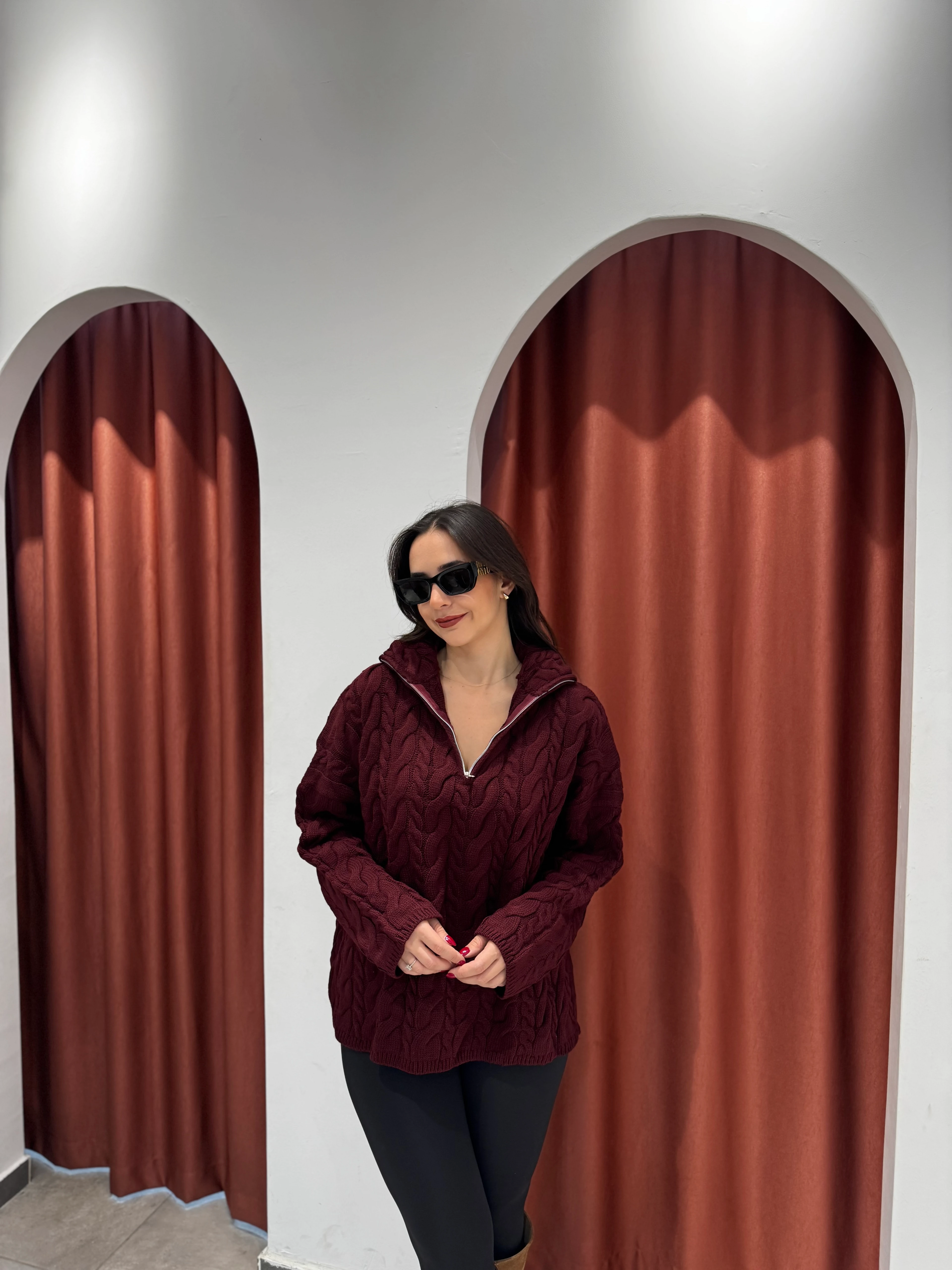 Saç Örgülü Bordo Fermuarlı Kazak