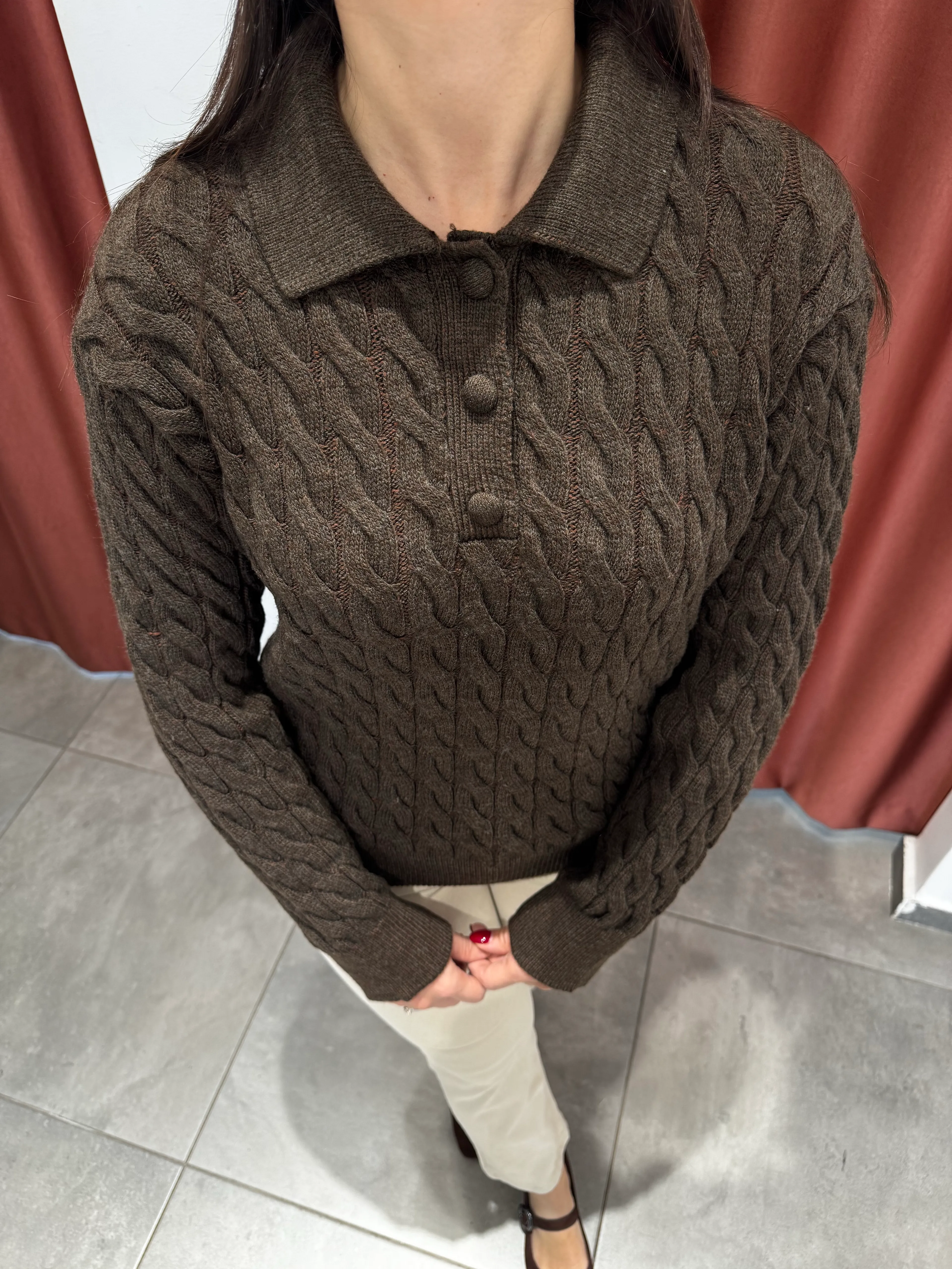 Saç Örgü Düğmeli Kahve Kazak