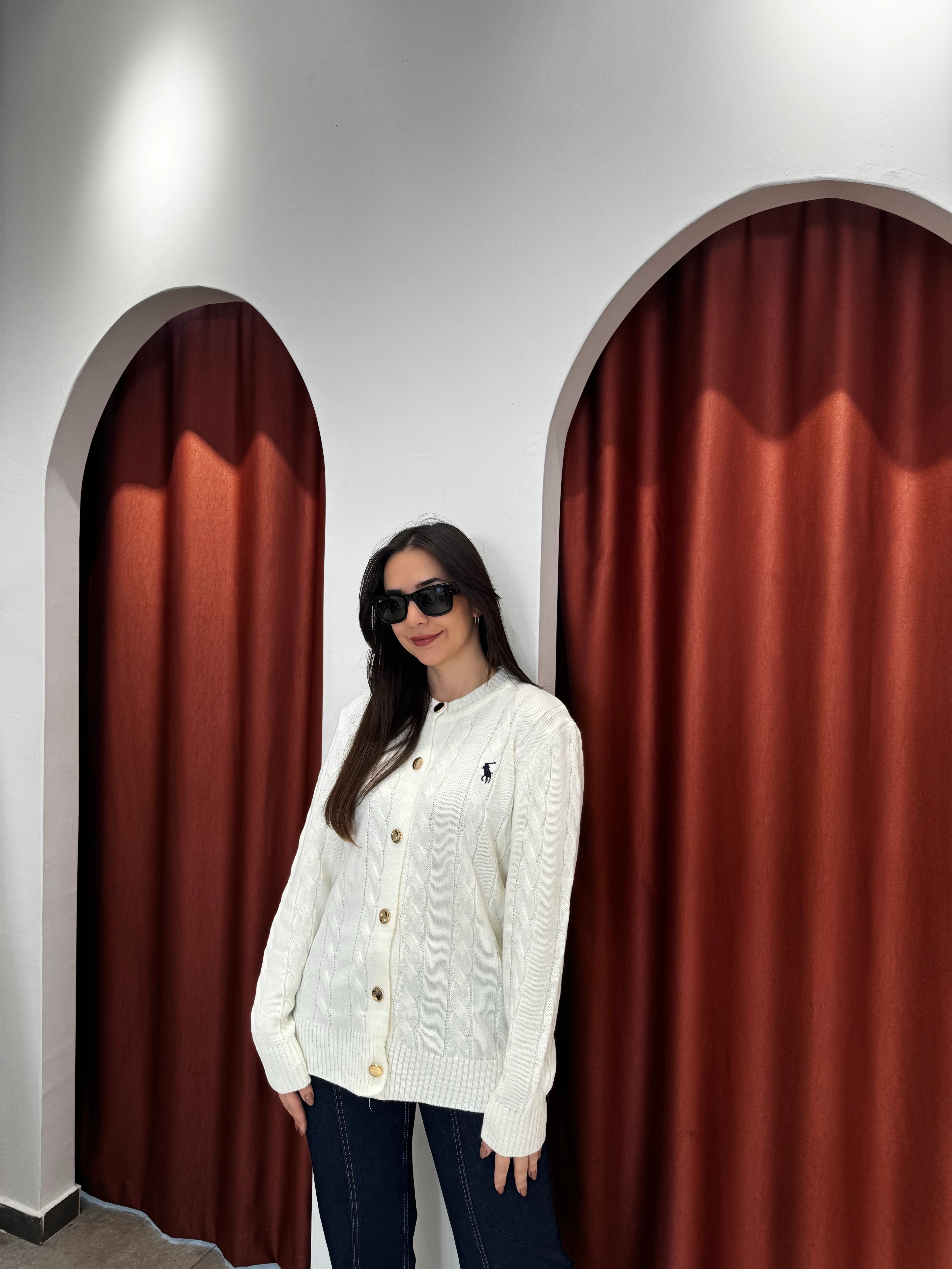 İthal Polo Düğme Detaylı Ekru Hırka