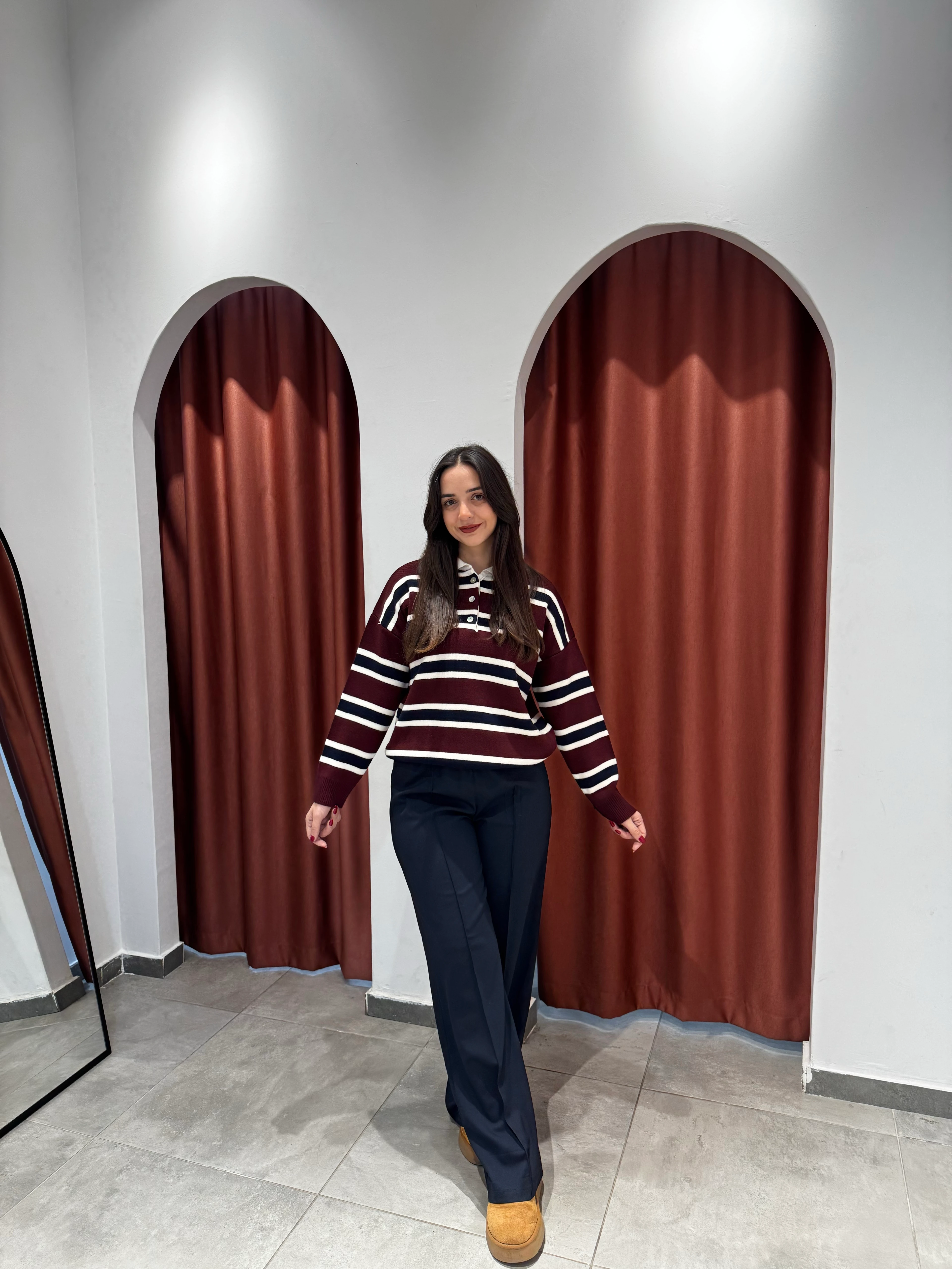 Bordo Krem Çizgili Kazak