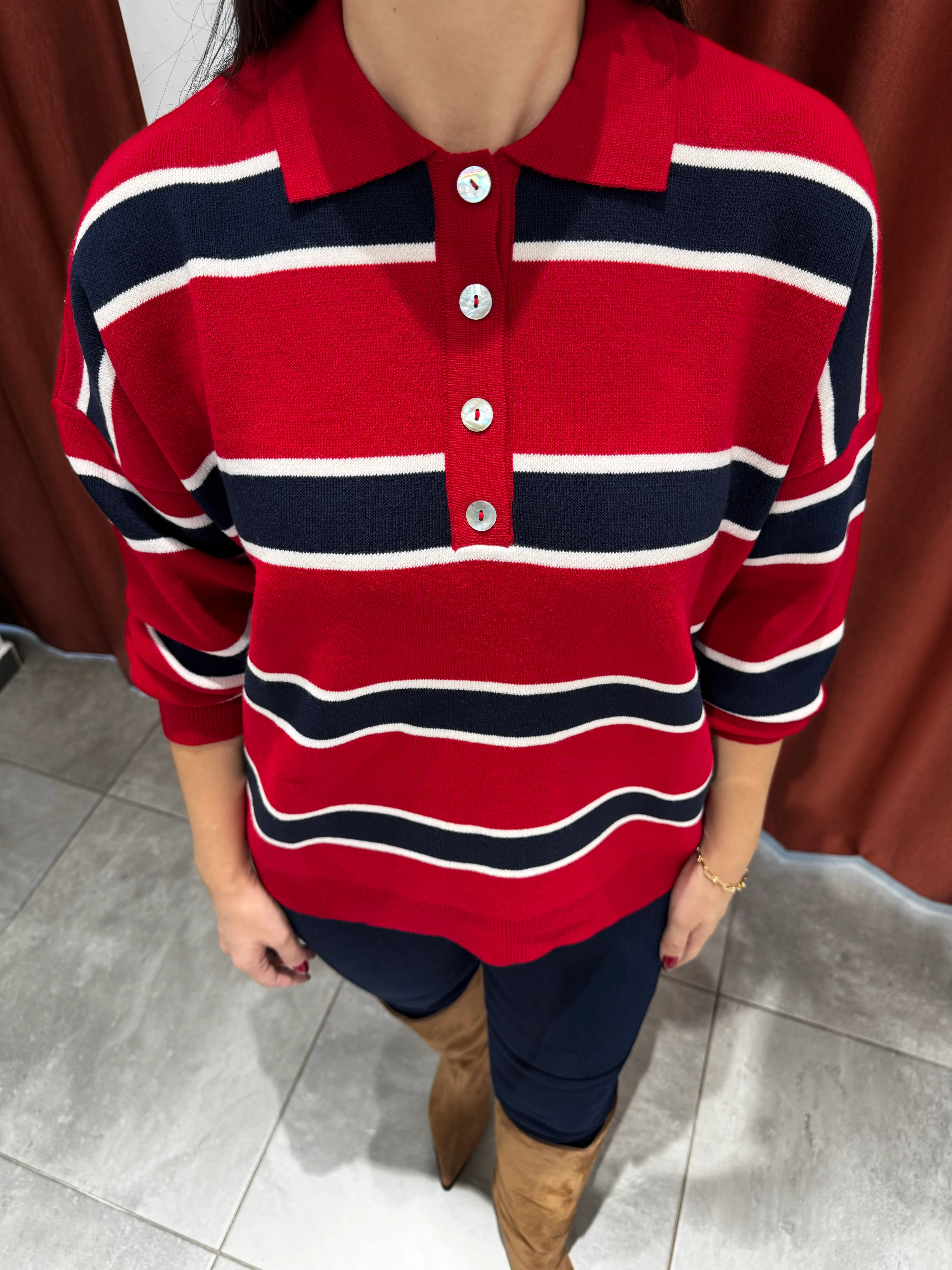 Kırmızı Lacivert Çizgili Kazak