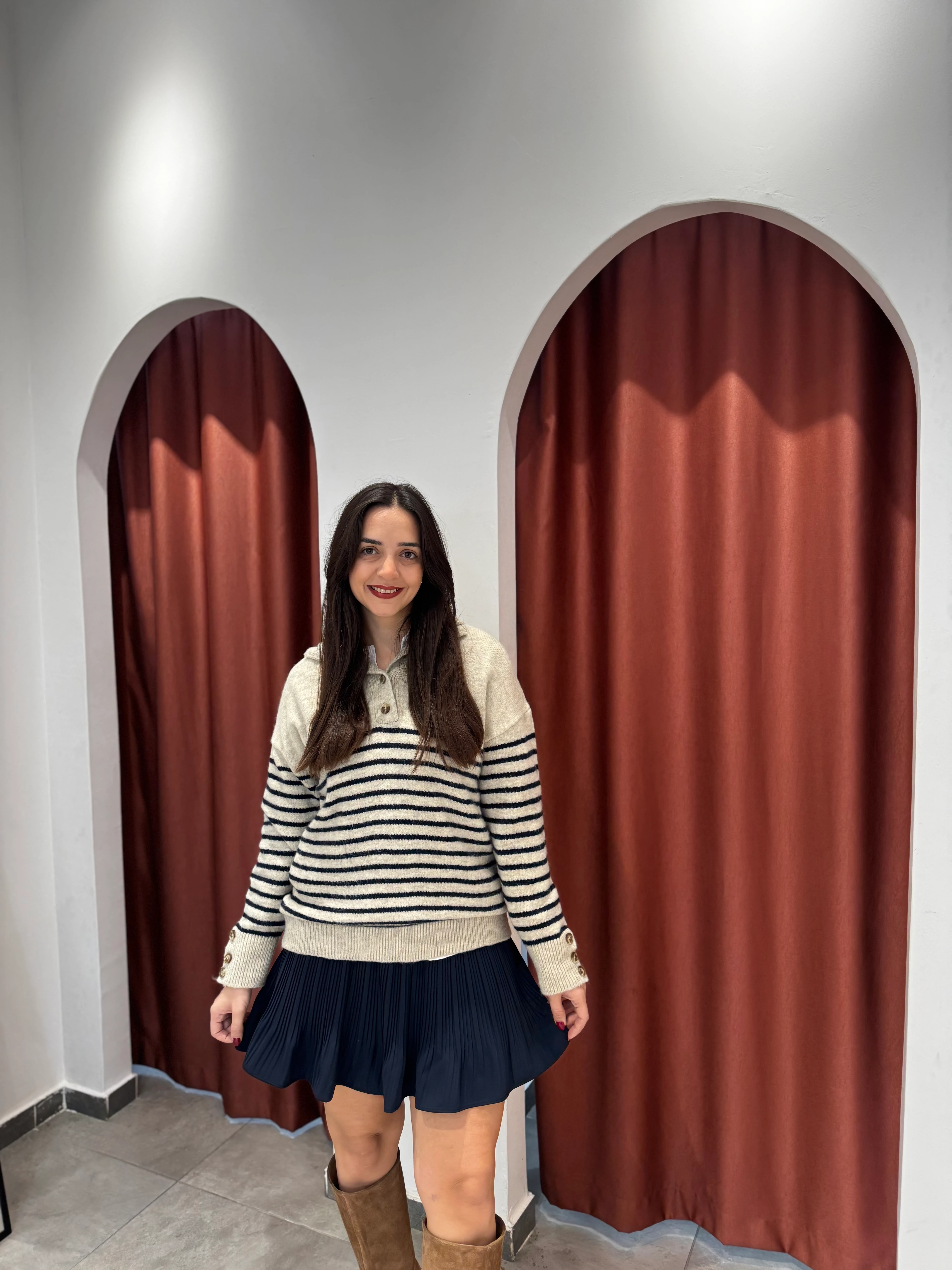 Lacivert Çizgili Düğmeli Kazak