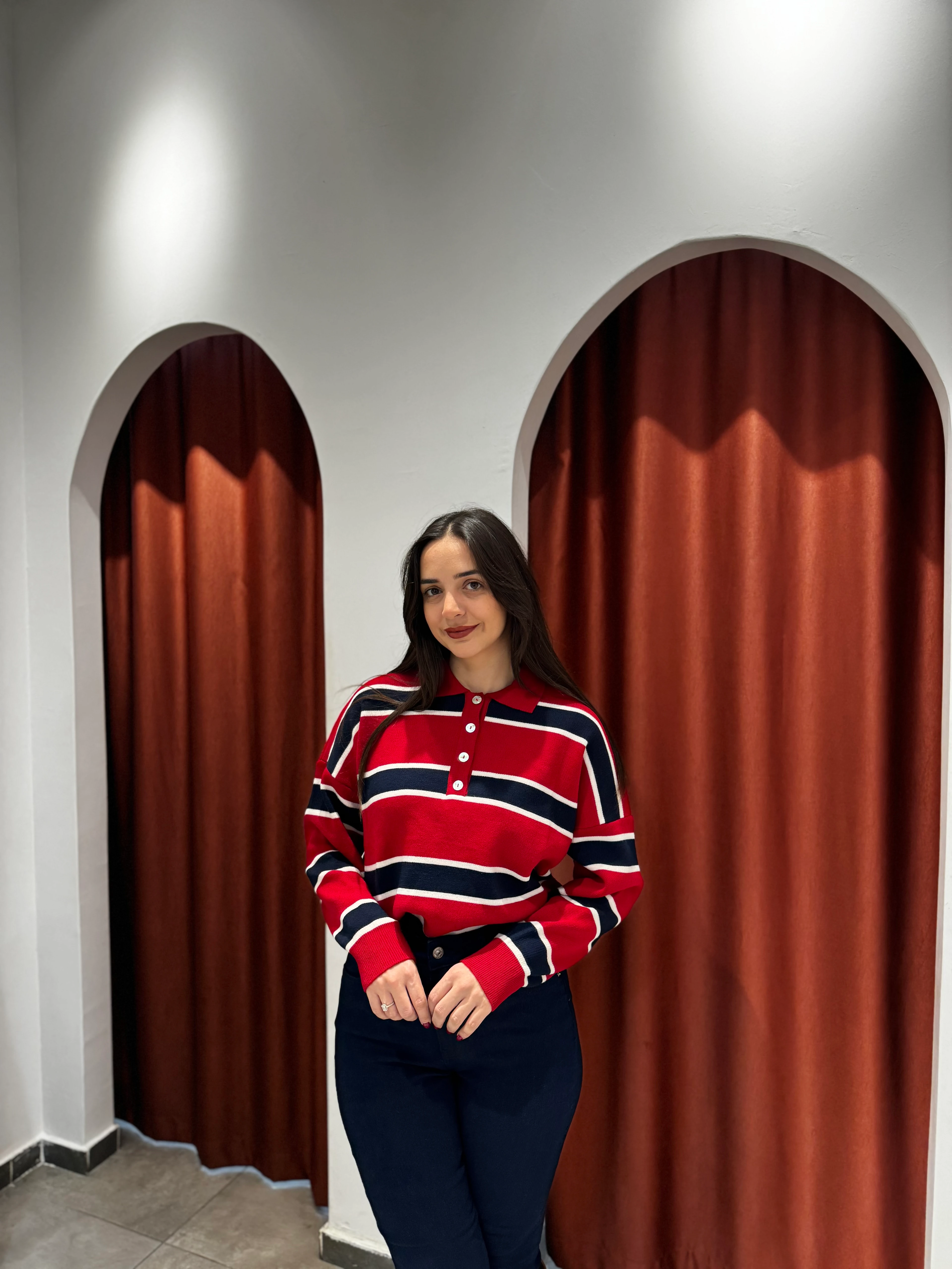 Kırmızı Lacivert Çizgili Kazak