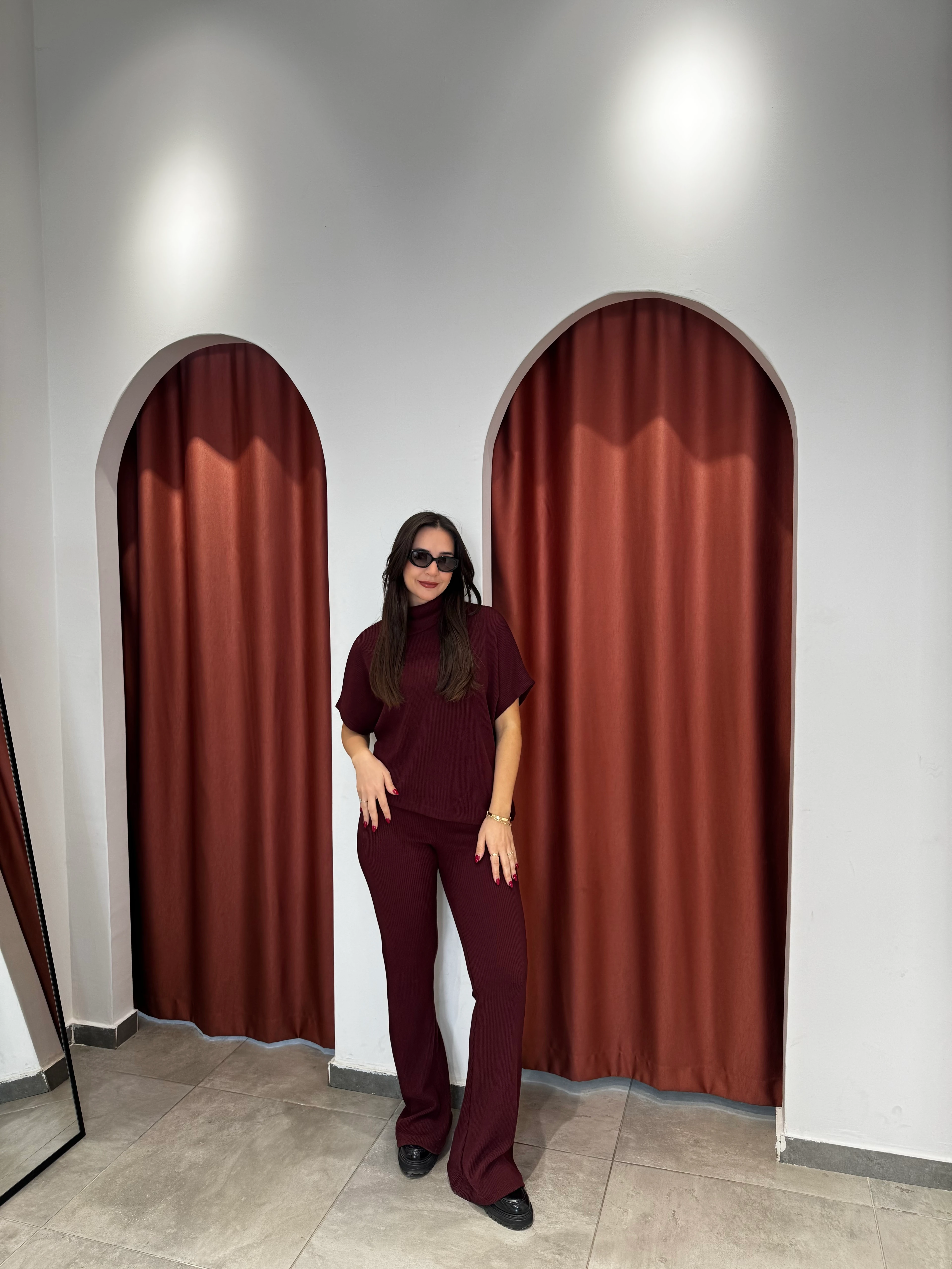 Yüksek Bel Örme Bordo Pantolon