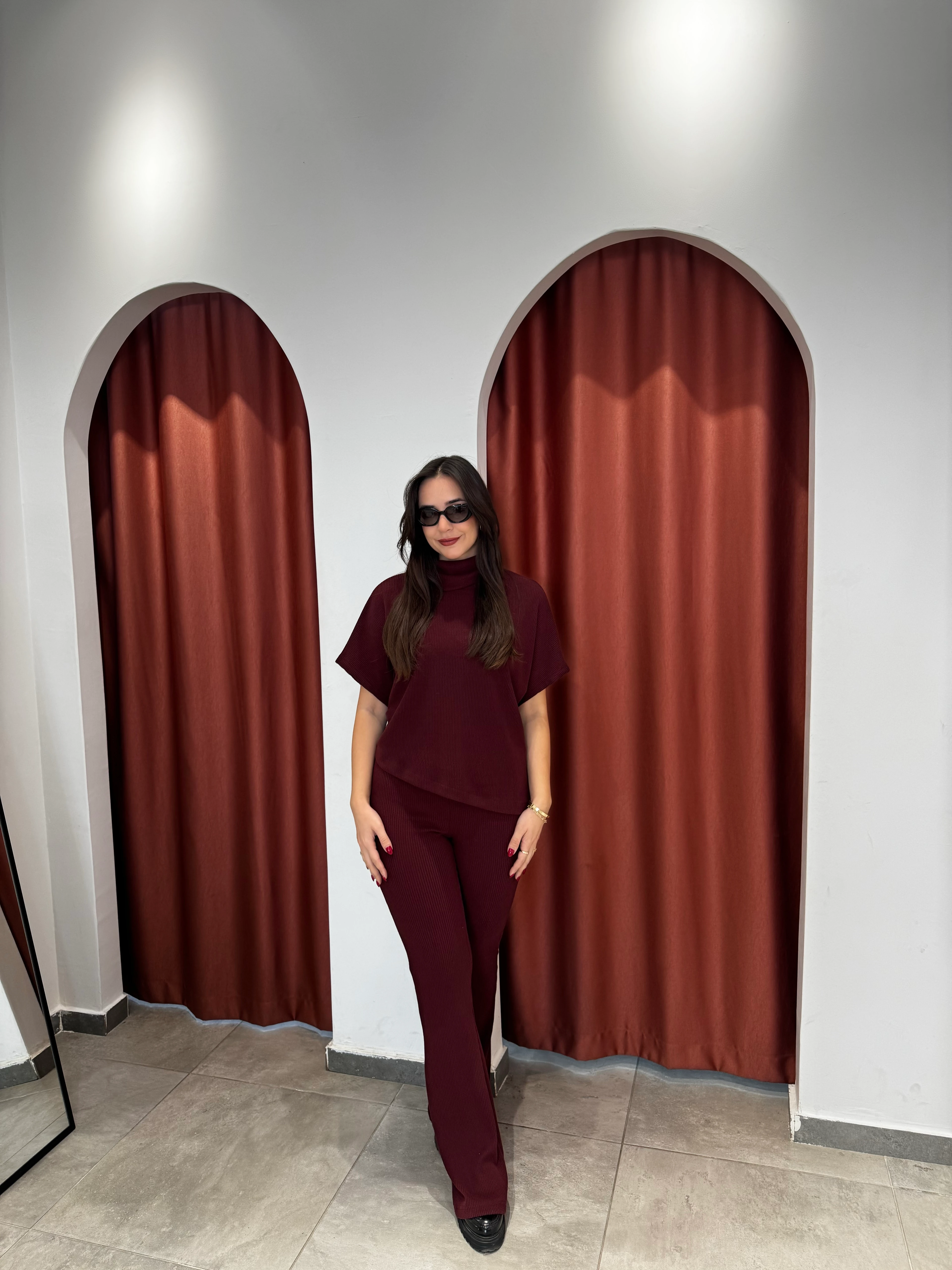 Yüksek Bel Örme Bordo Pantolon