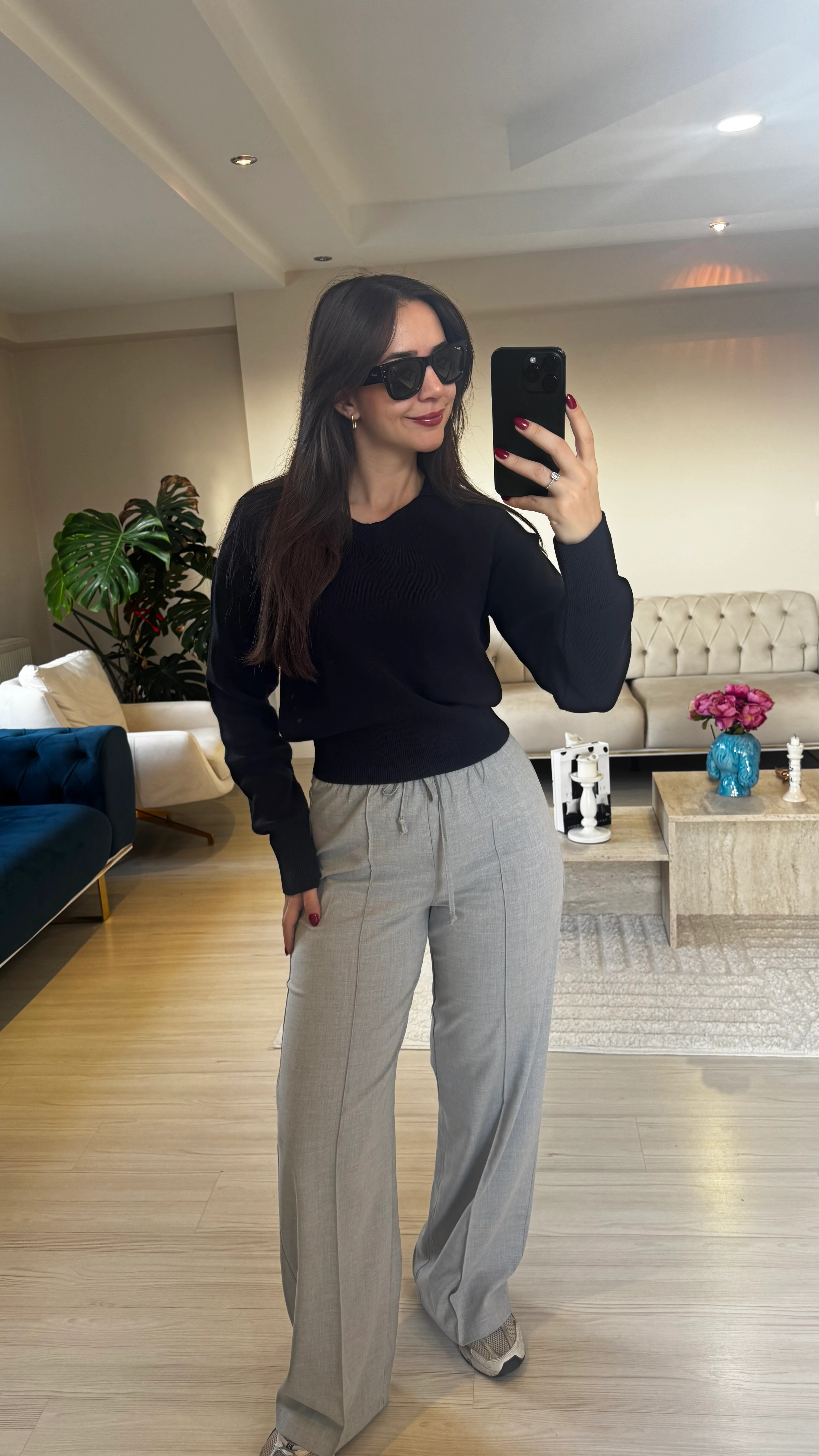 Gri Beli Lastikli Pantolon