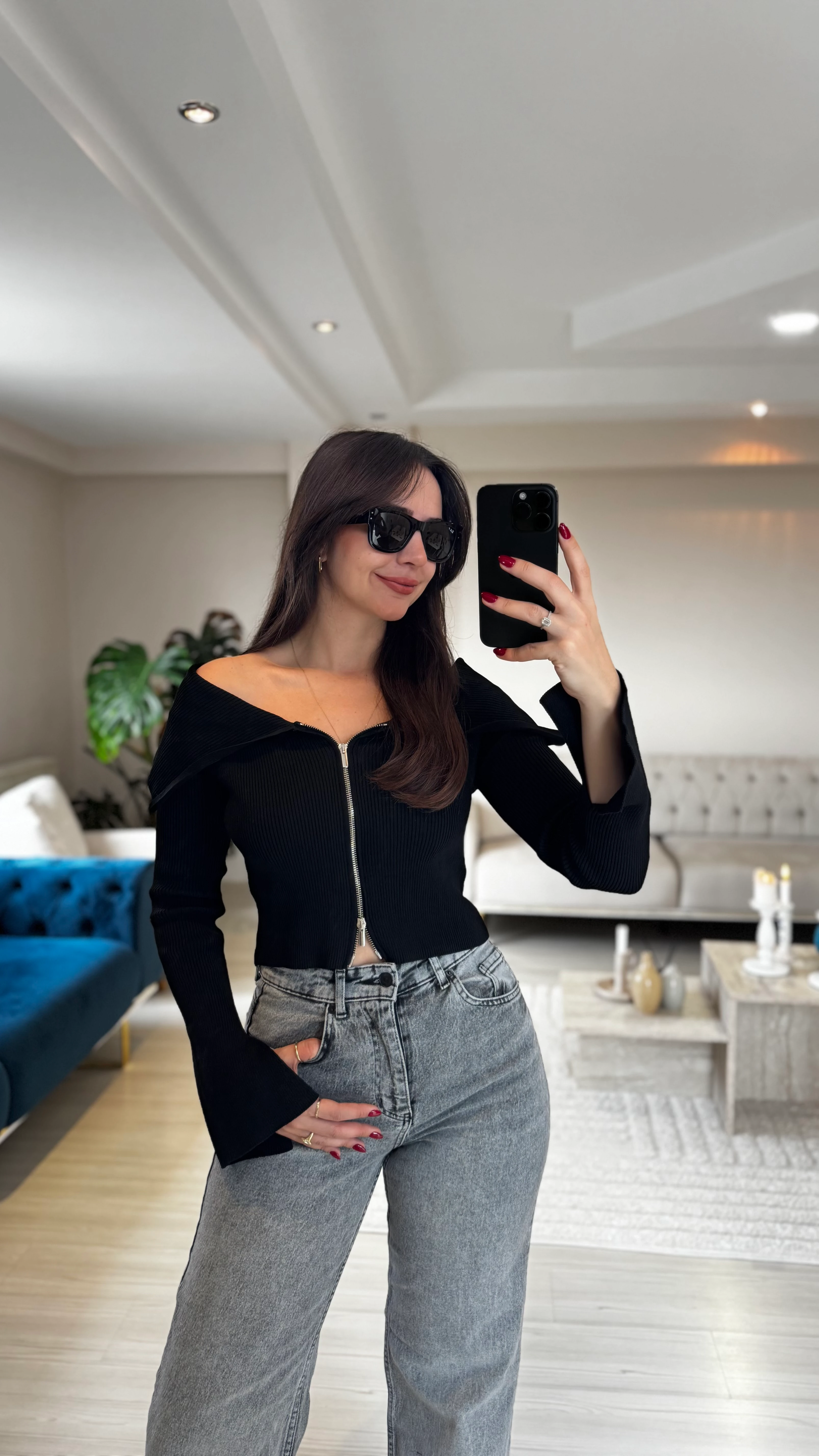 Fermuarlı Bardot Yaka Siyah