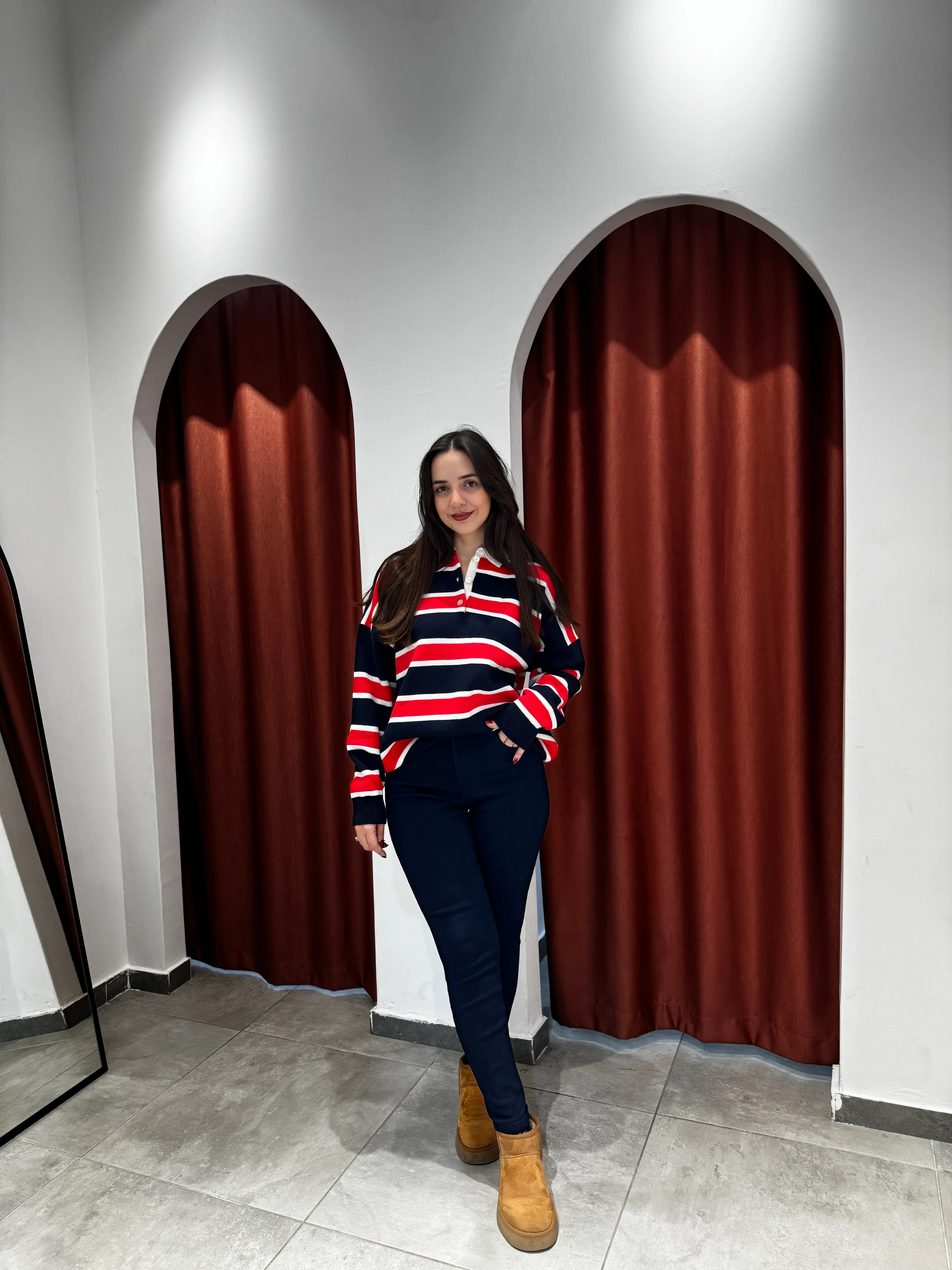 Lacivert Kırmızı Çizgili Kazak