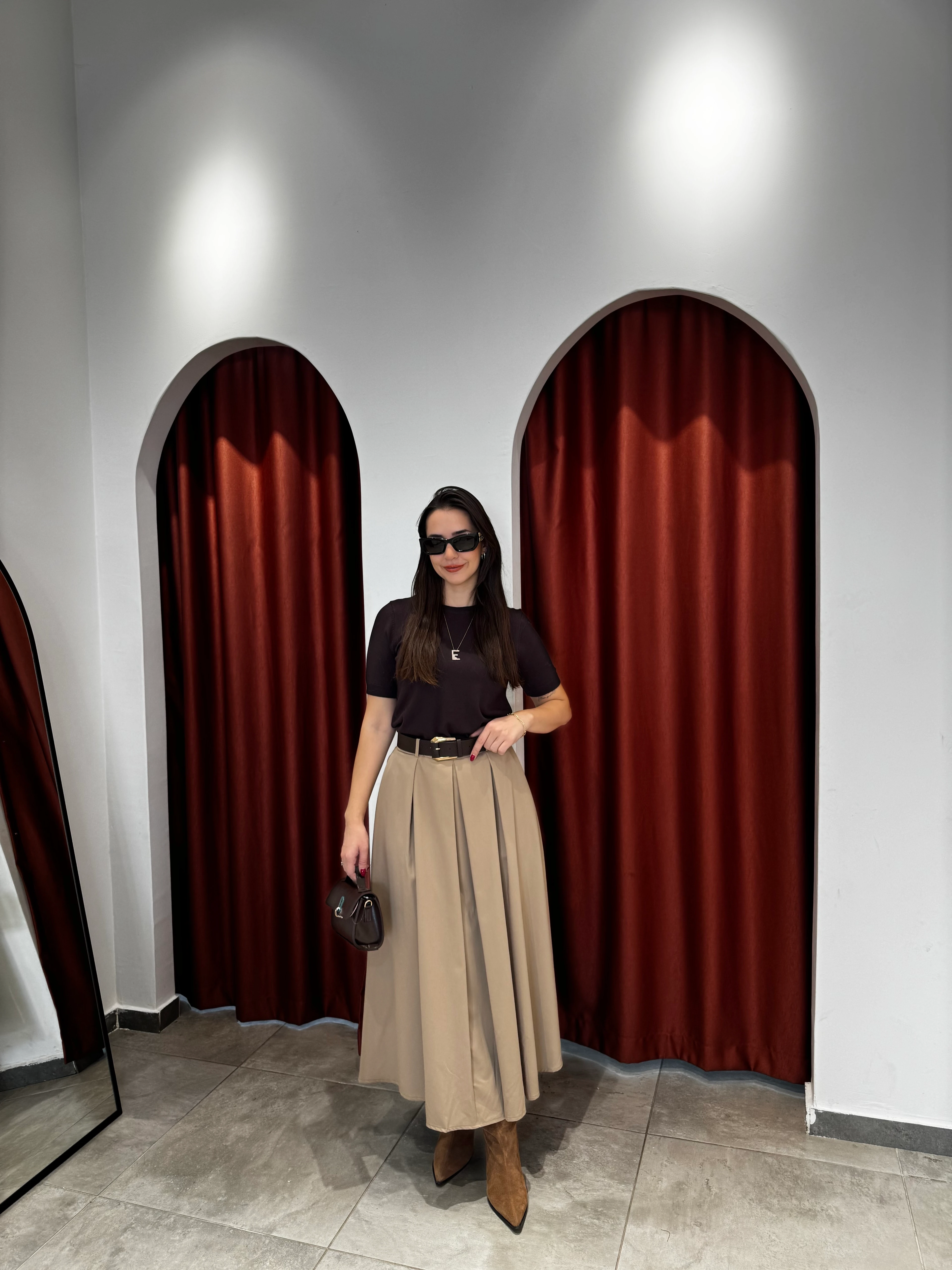 Camel Poliviskon Kemerli Etek