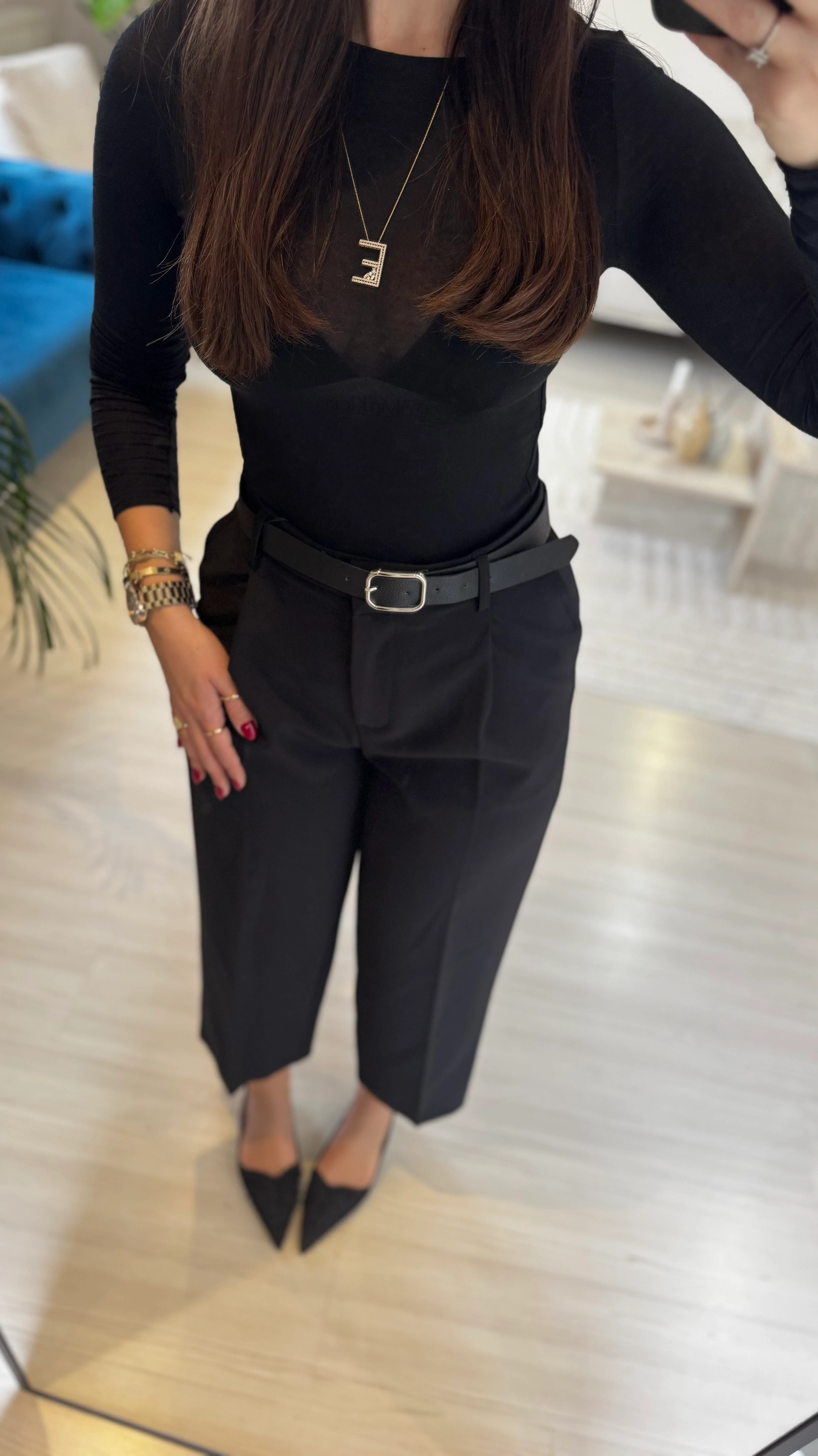 Kemerli Pensli Siyah Pantolon