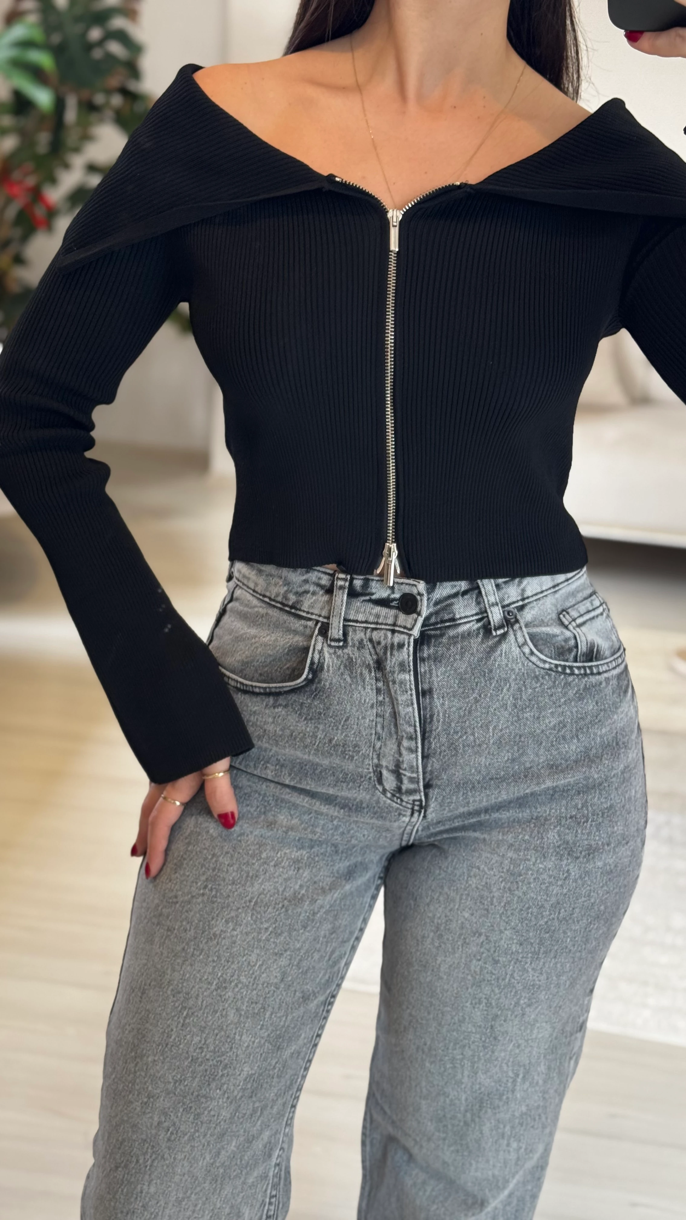 Fermuarlı Bardot Yaka Siyah