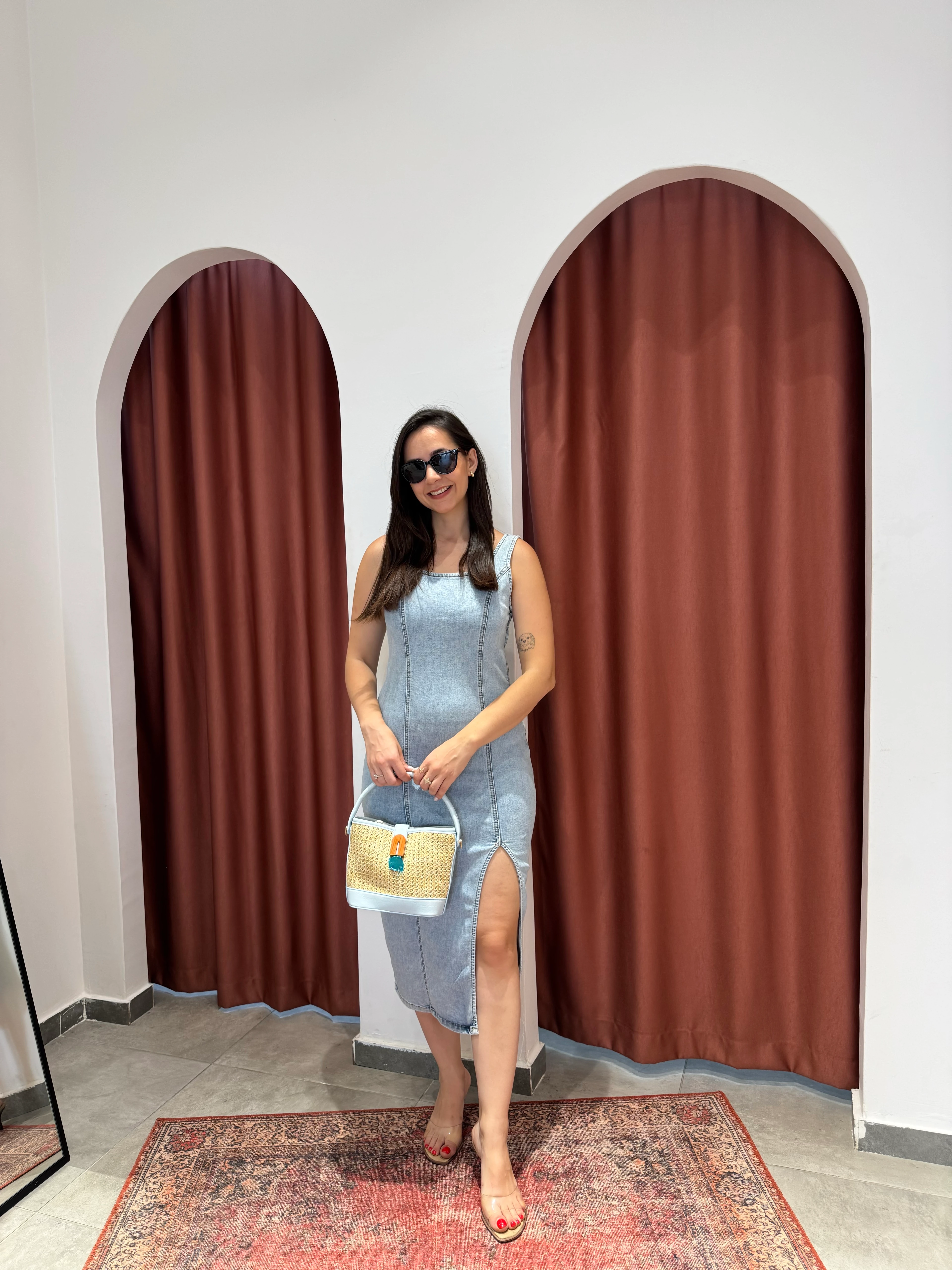 Denim Yırtmaçlı Mavi Elbise