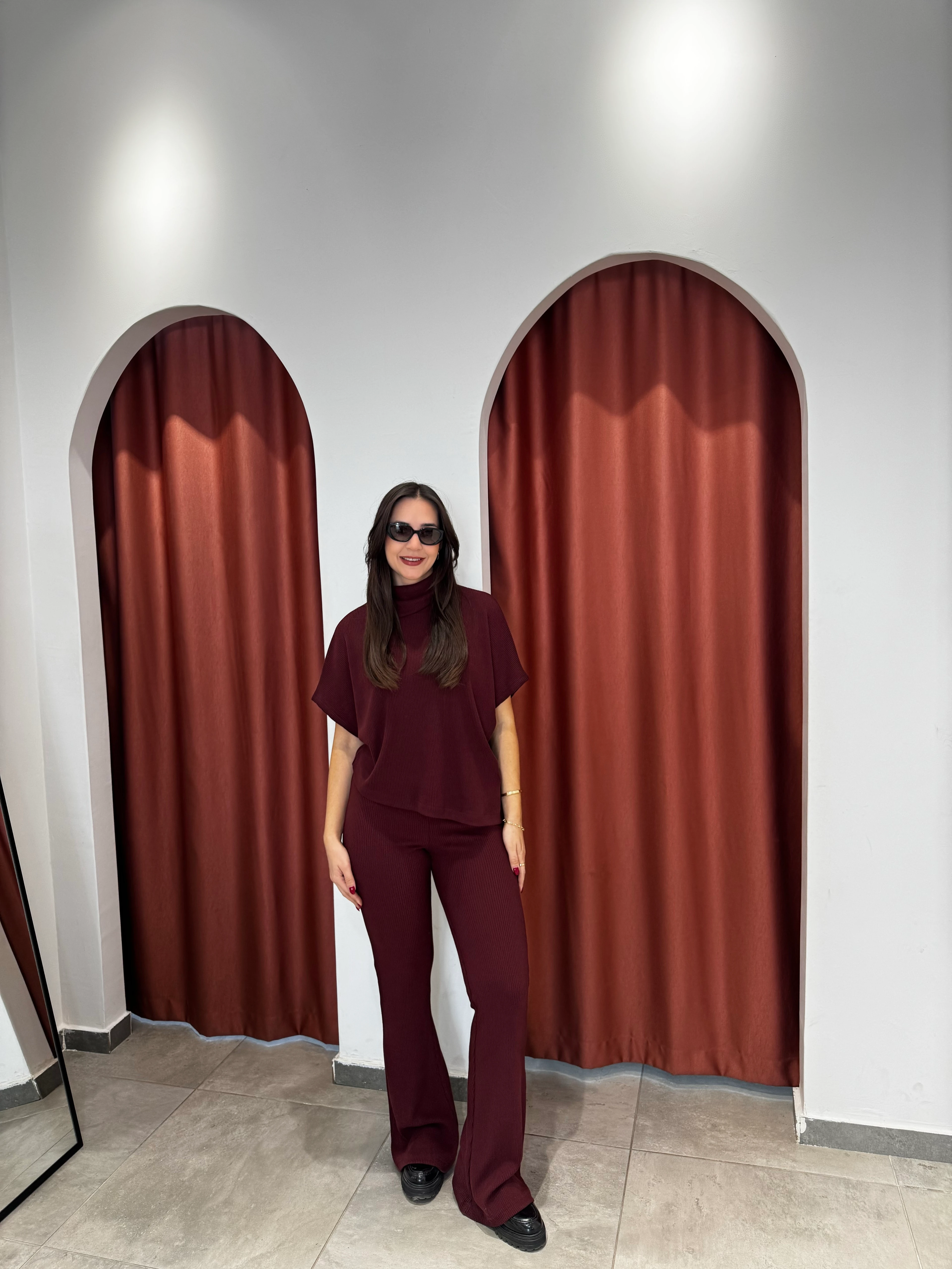 Asimetrik Bordo Örme Triko