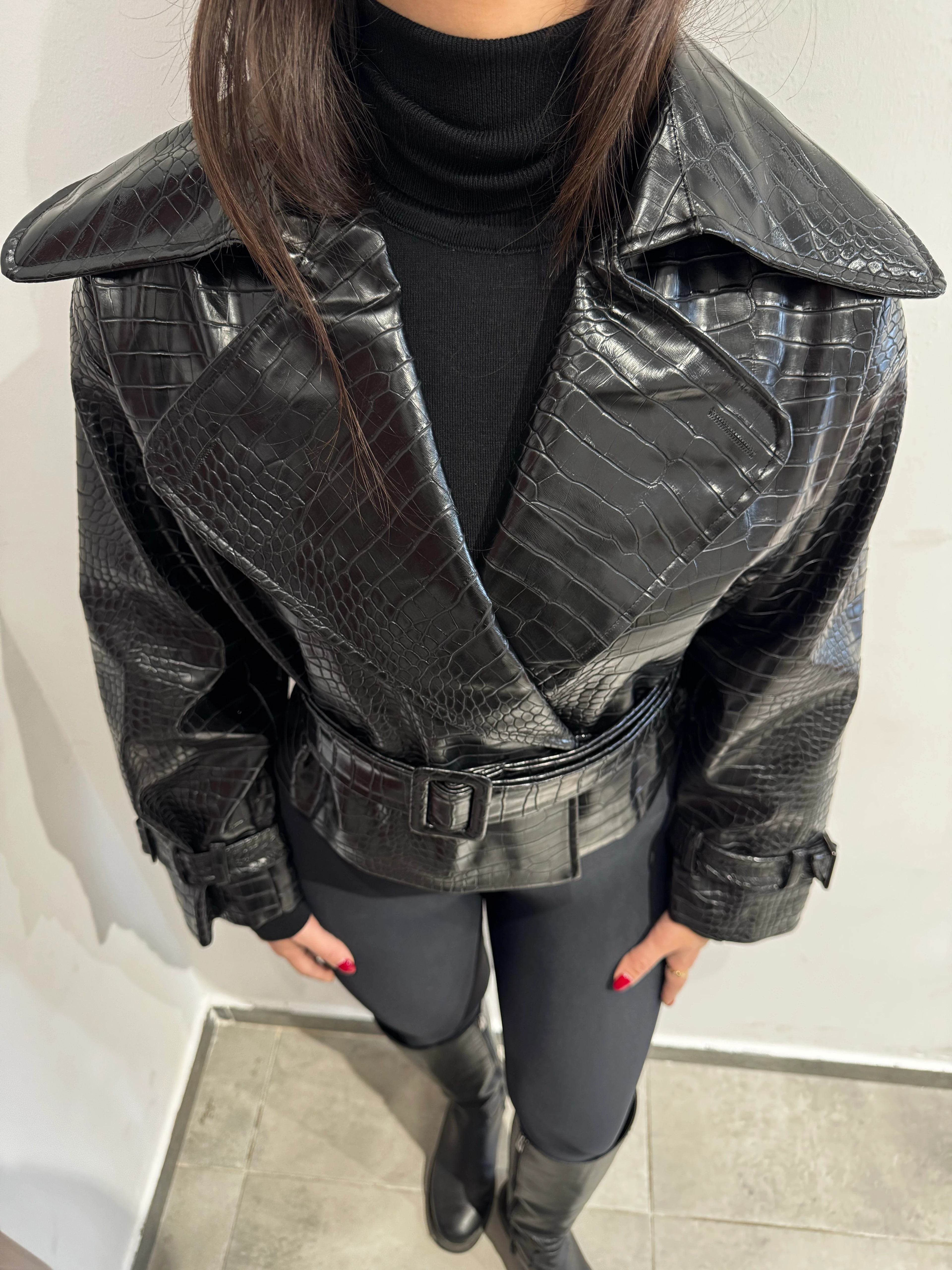 Siyah Kroko Deri Ceket