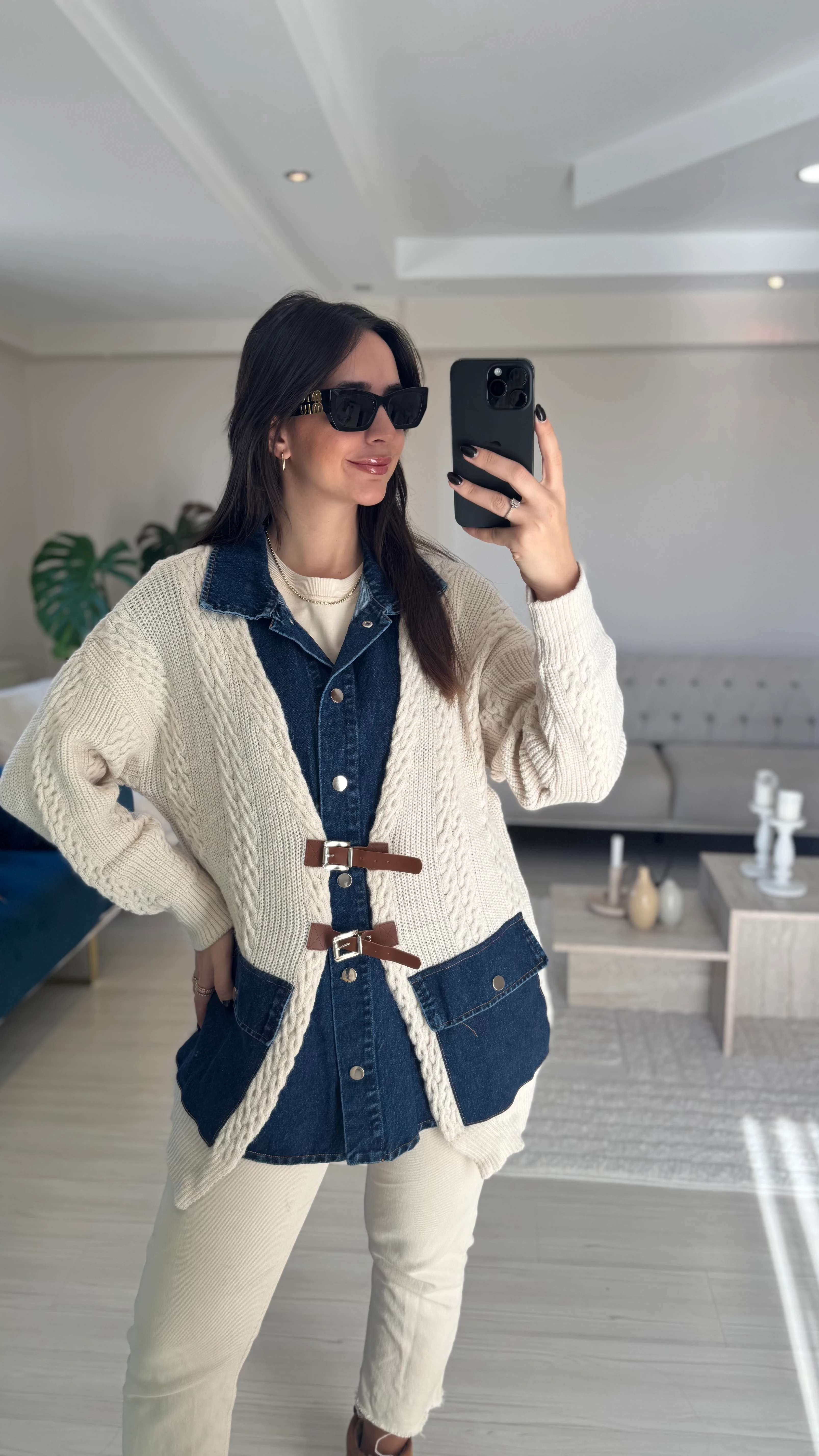 Jean Detaylı Kemerli Hırka 