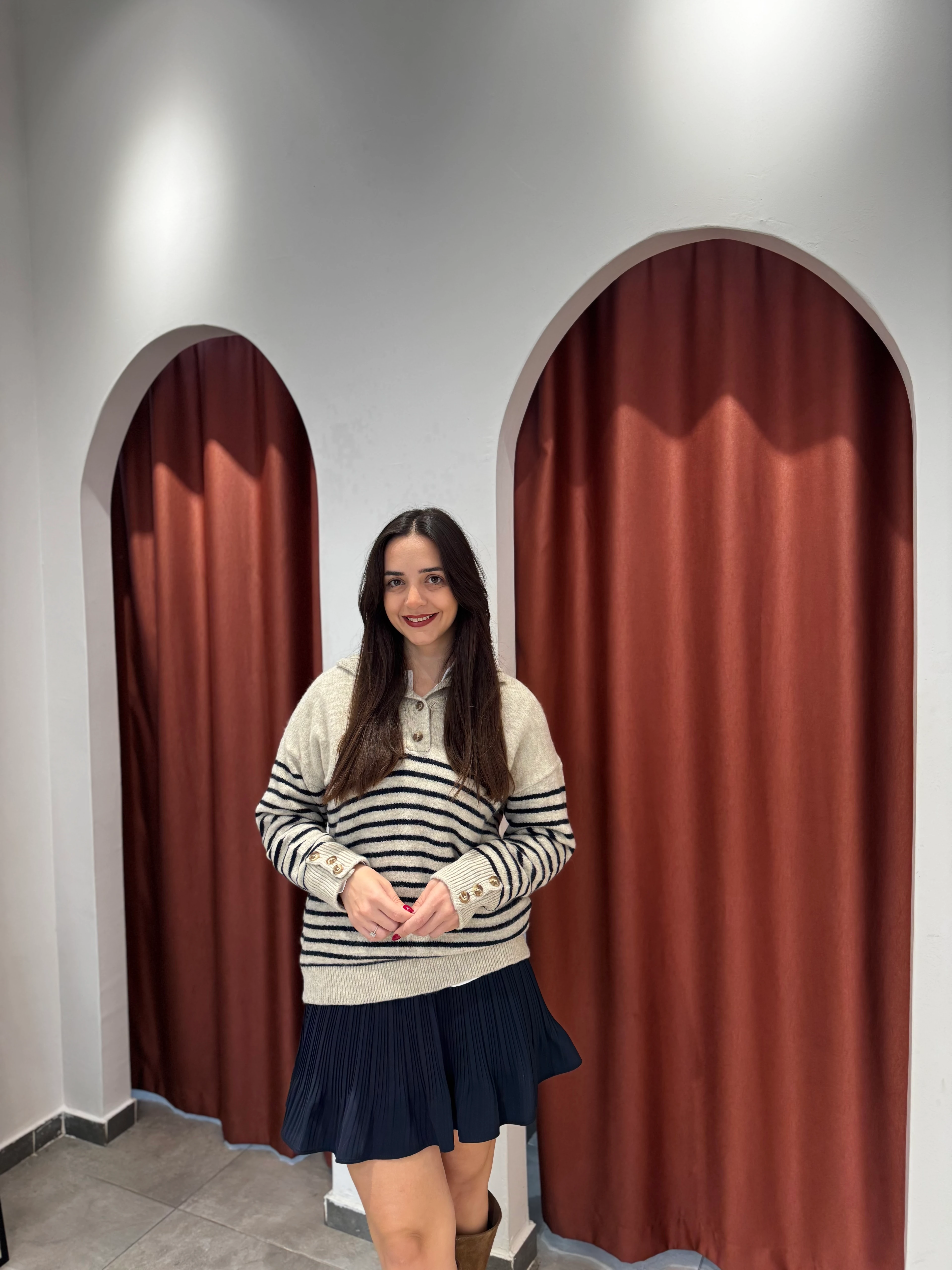 Lacivert Çizgili Düğmeli Kazak main variant image