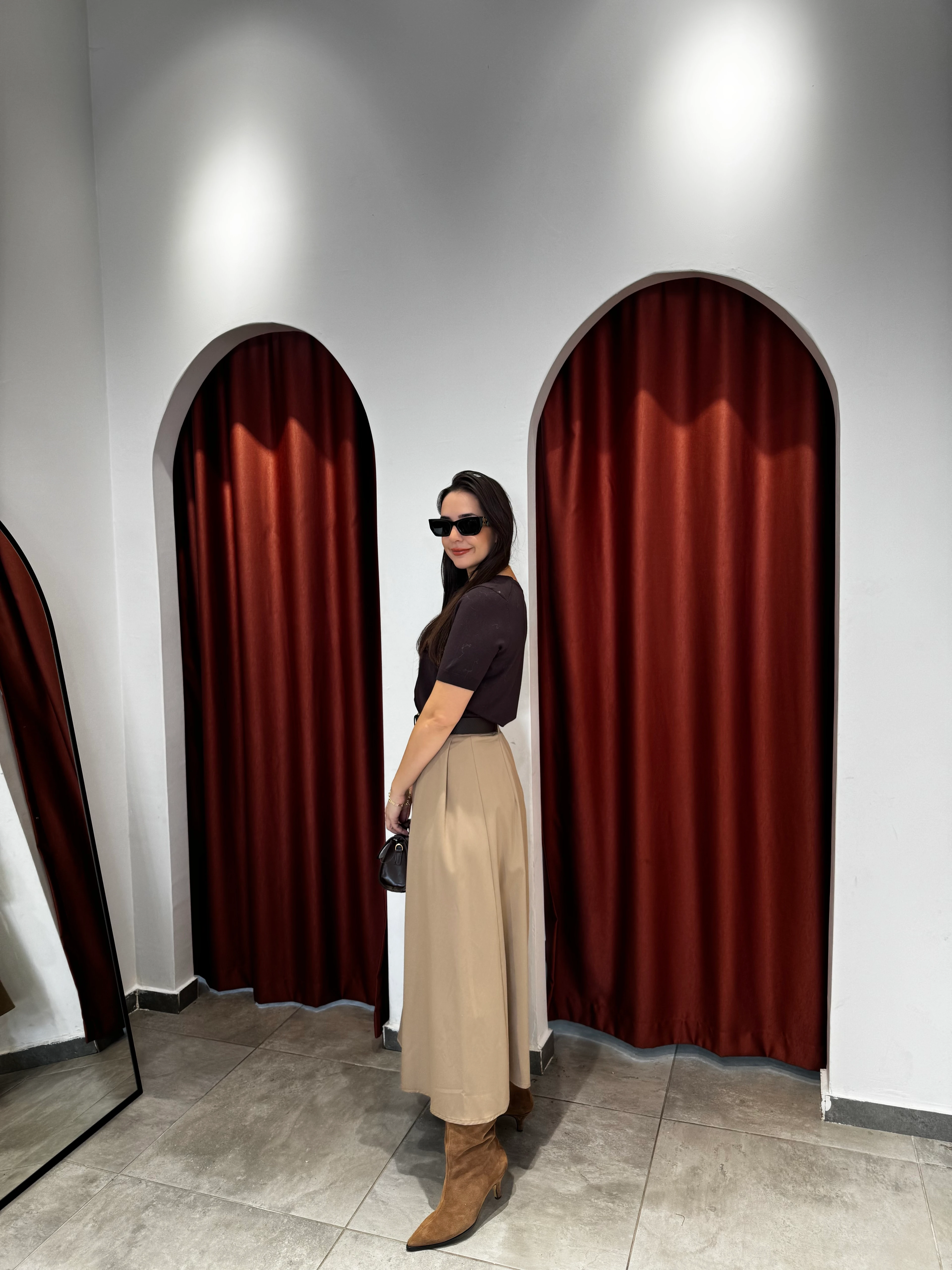 Camel Poliviskon Kemerli Etek