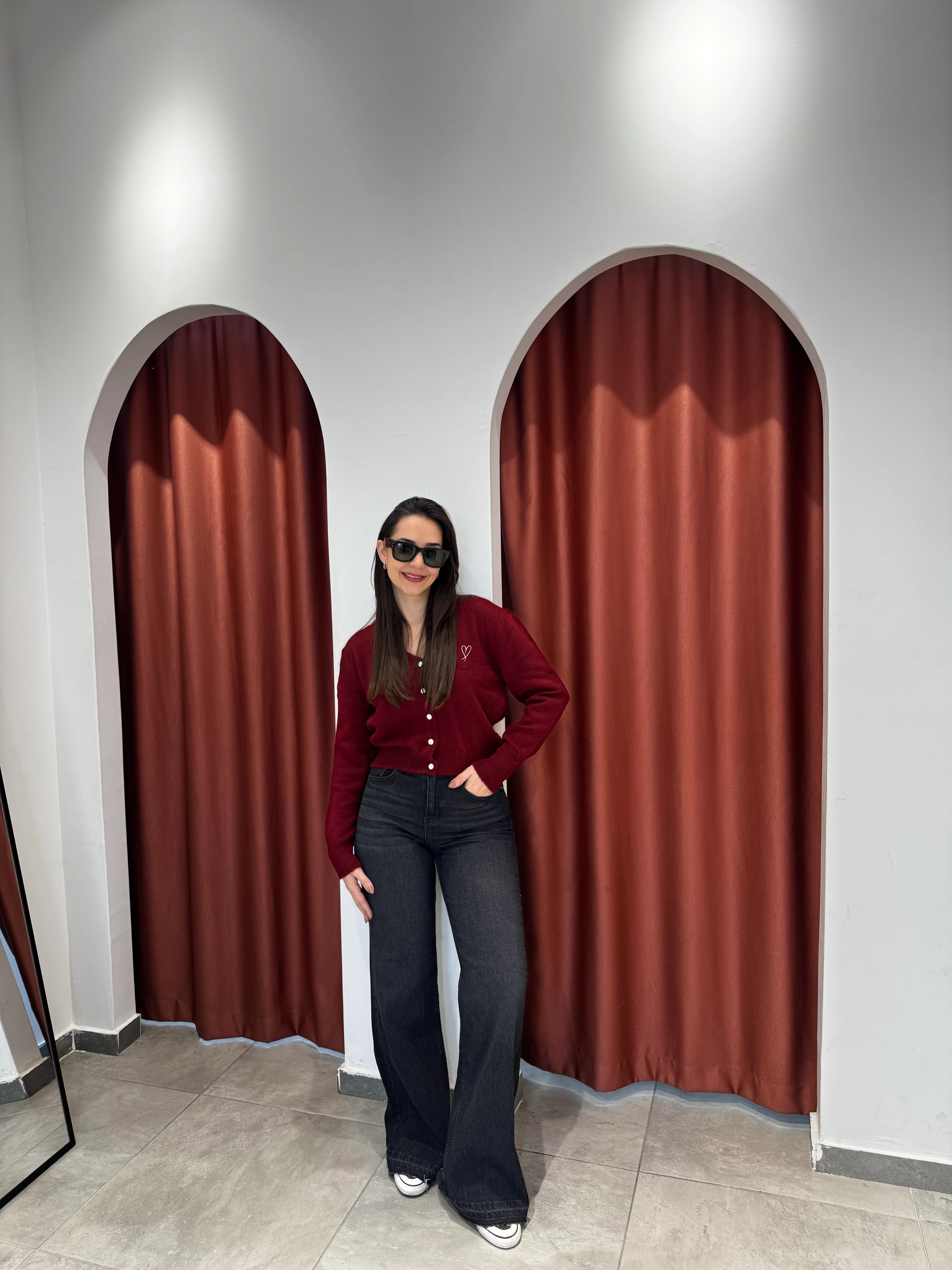 Kalp Nakışlı Bordo Hırka