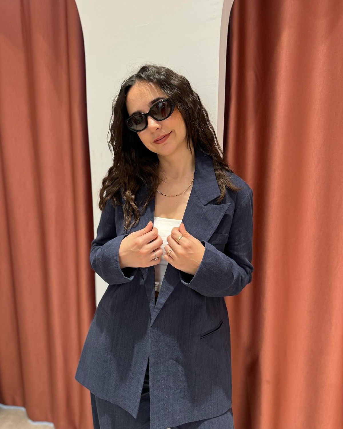 Takım Keten Lacivert Blazer Pantolon