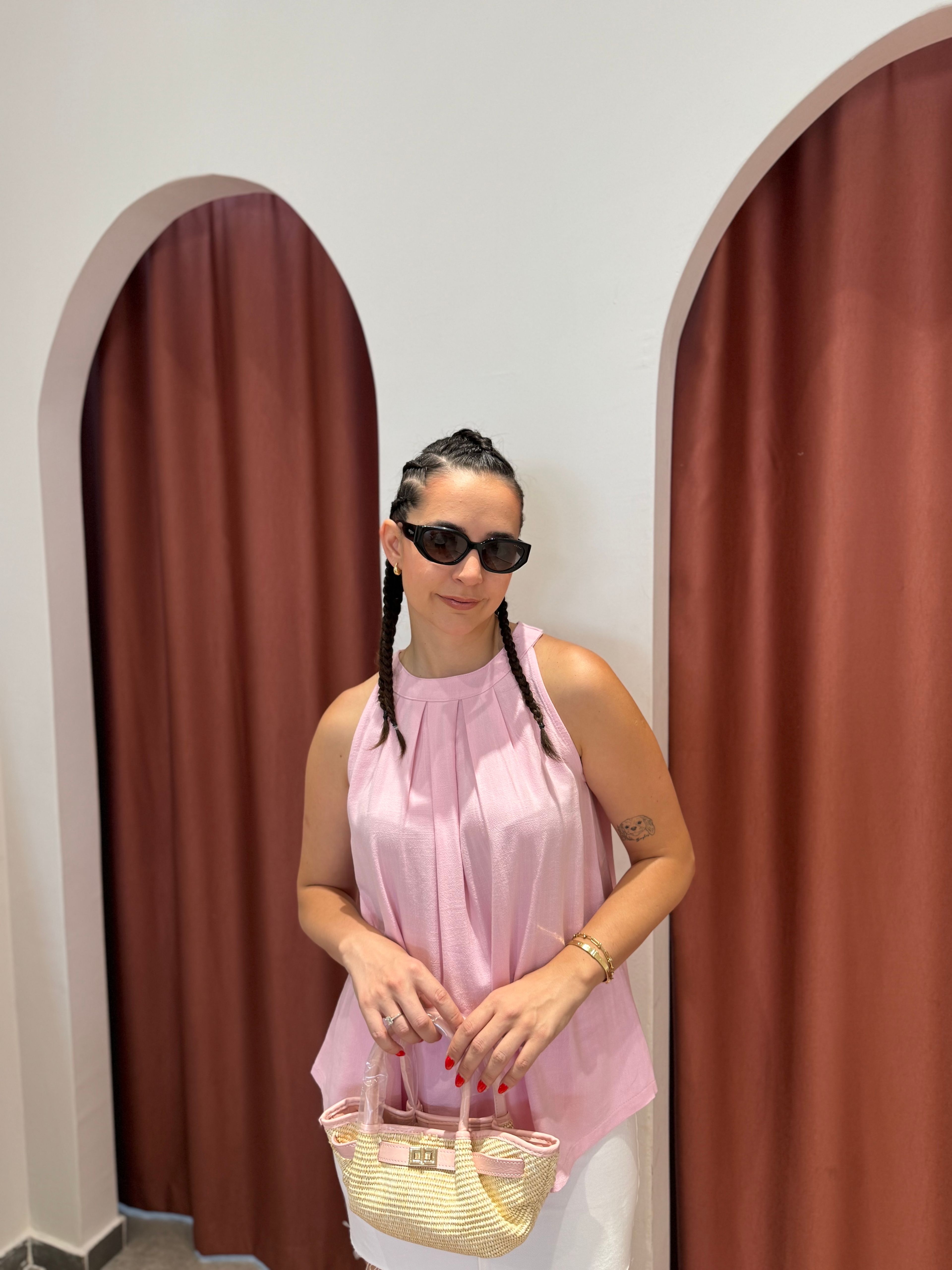 Keten Pembe Pileli Bluz