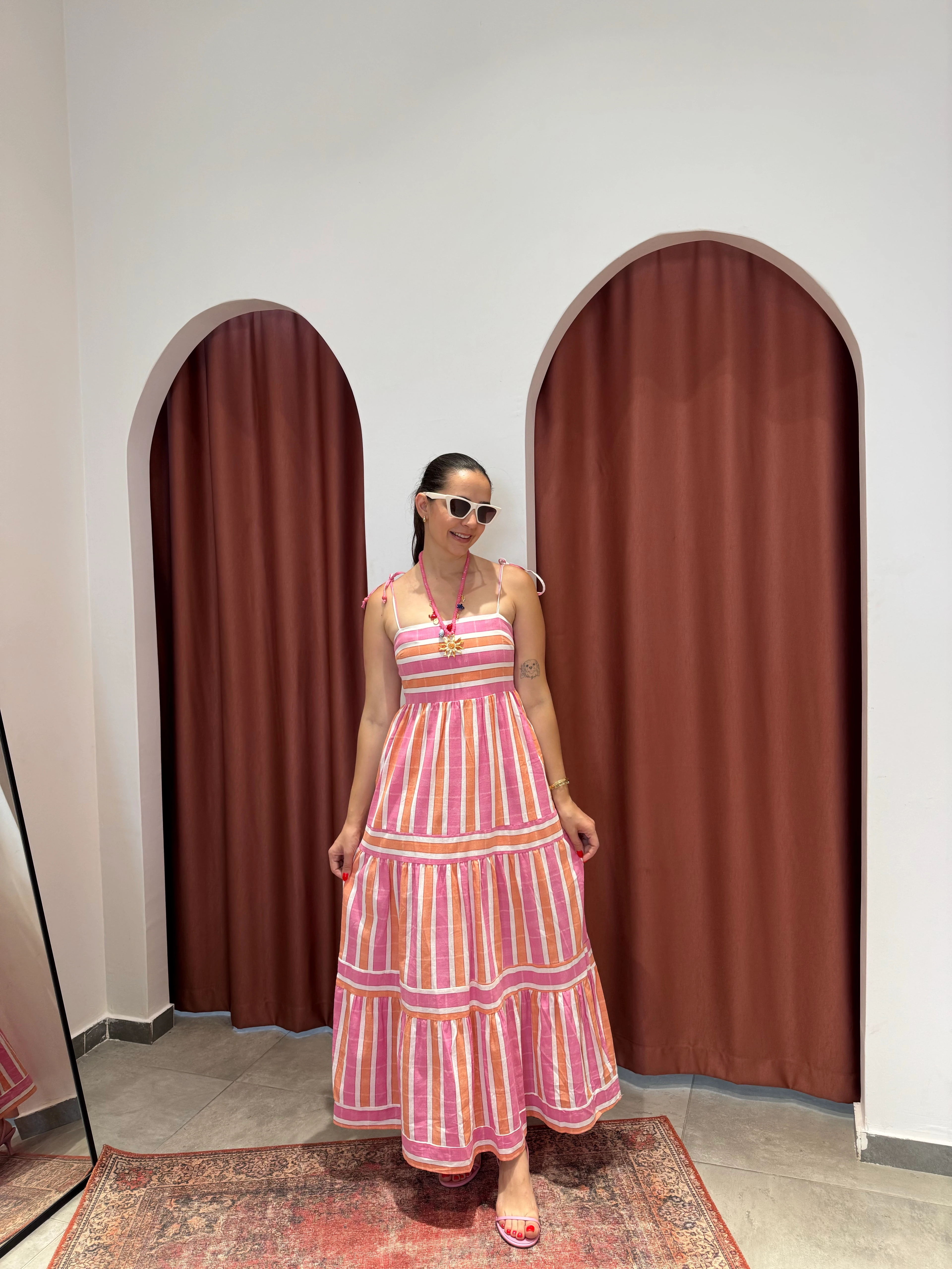 Keten Pembe Çizgili Elbise