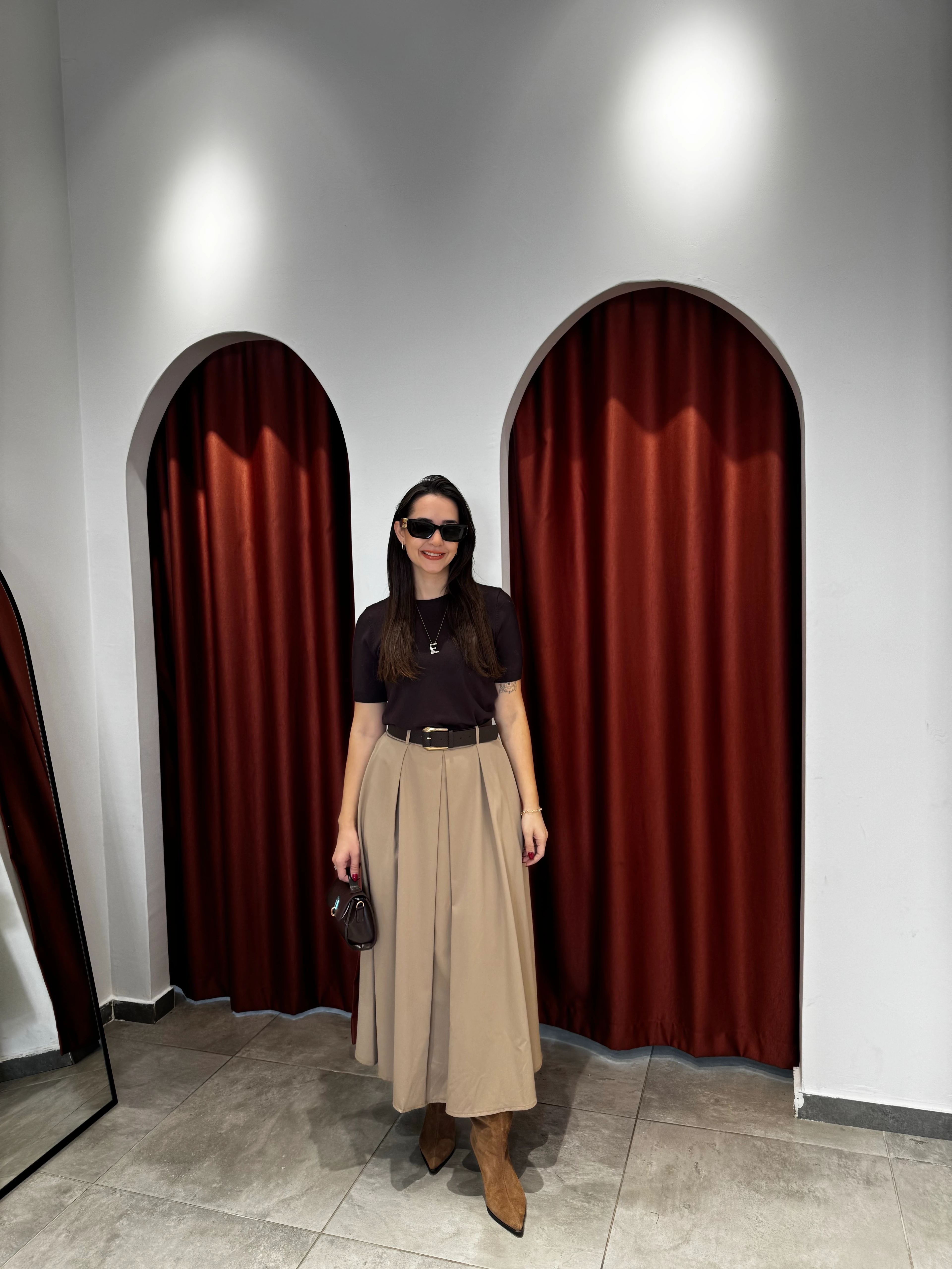 Camel Poliviskon Kemerli Etek