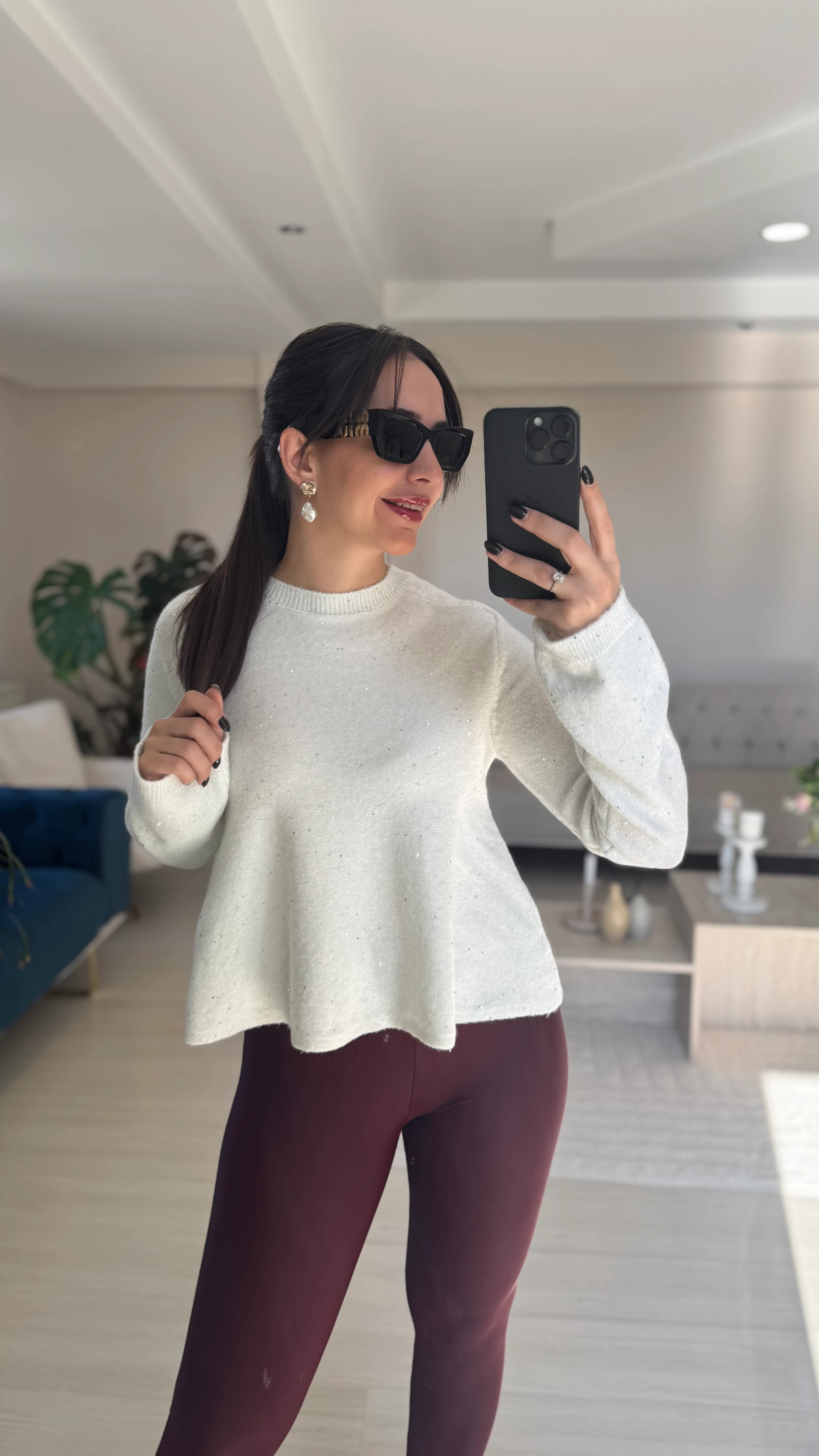 Simli Pullu Ekru Kazak