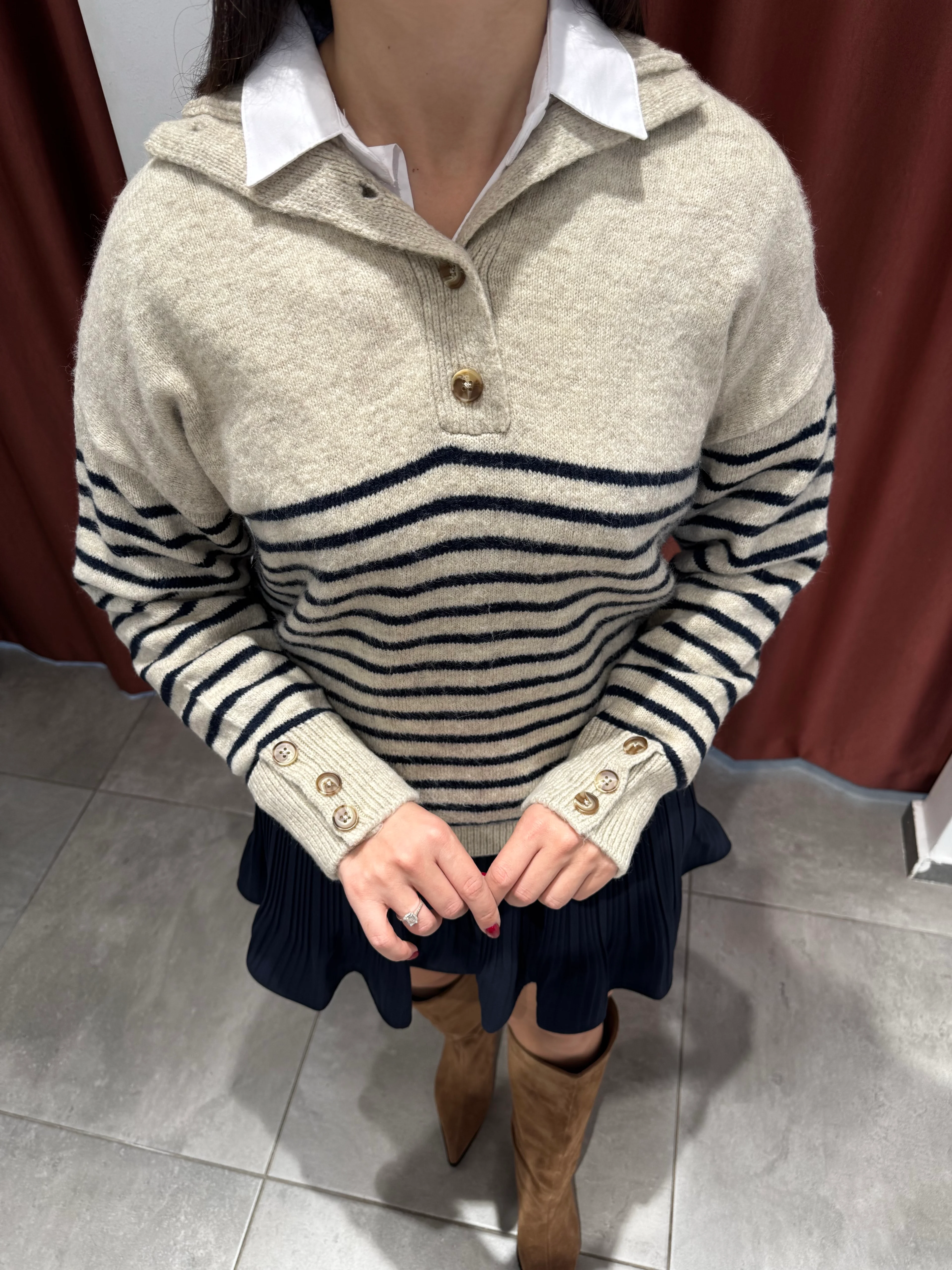 Lacivert Çizgili Düğmeli Kazak