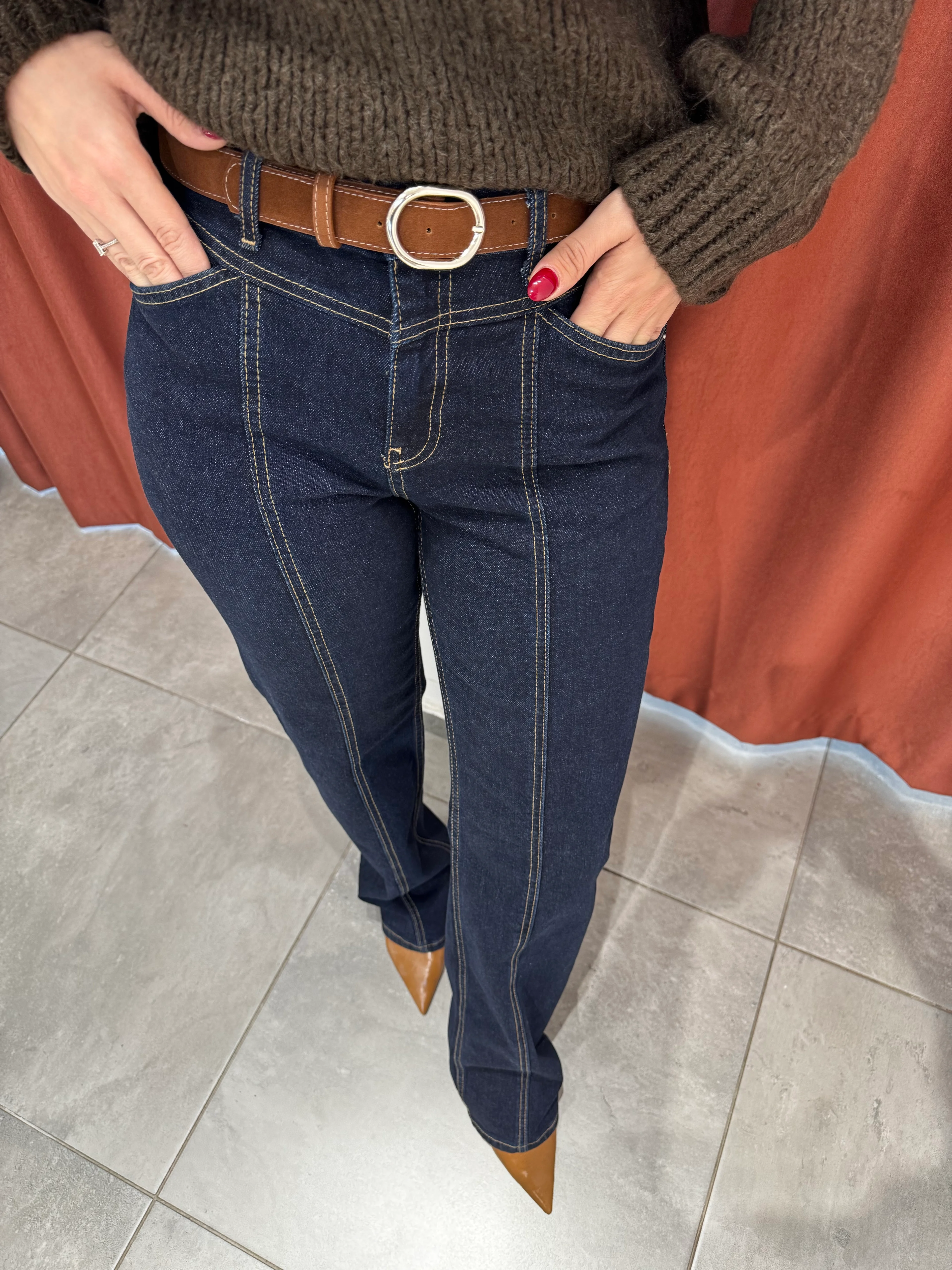 Lacivert Önden Çizgili Kemerli Jean