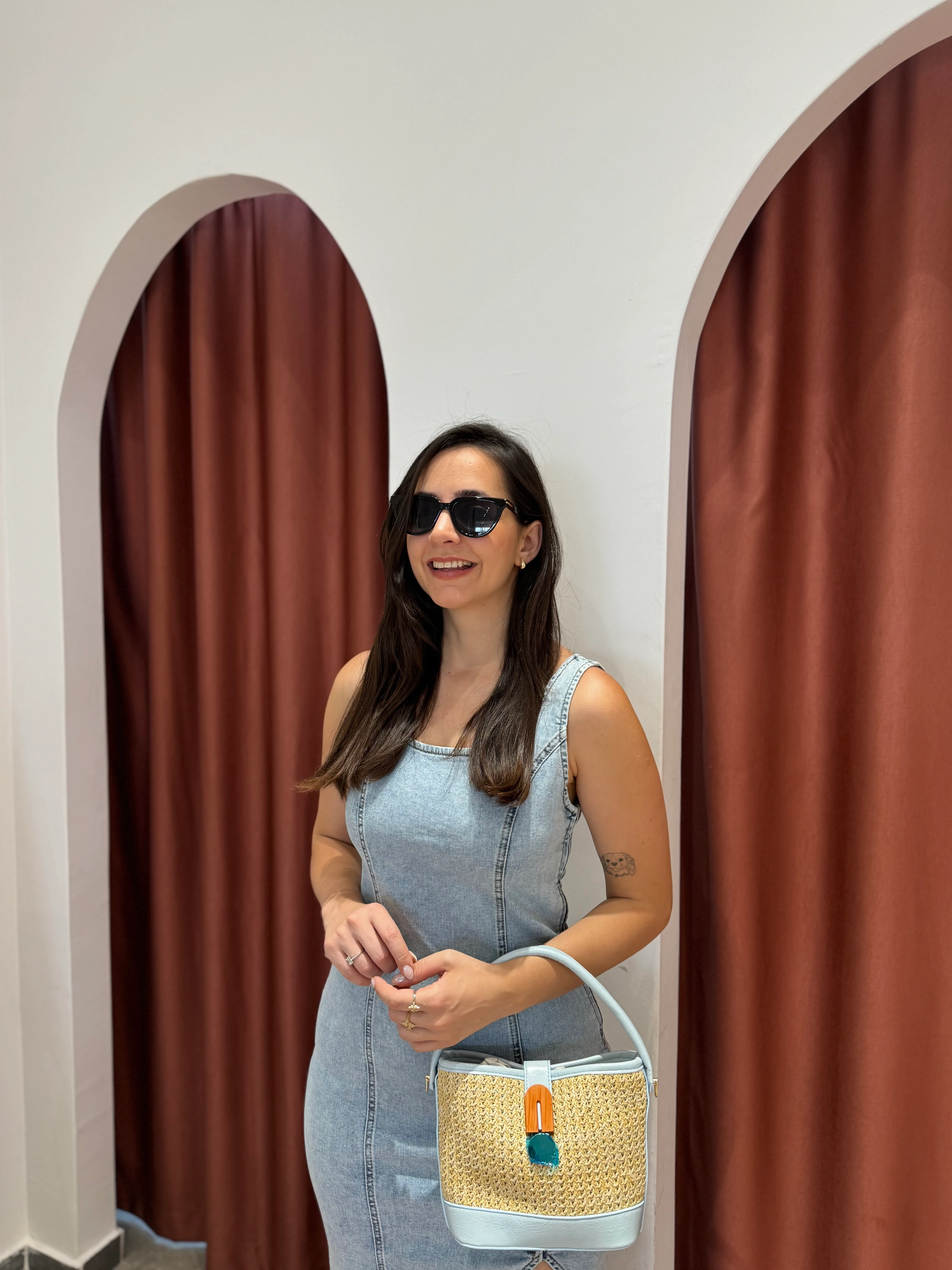 Denim Yırtmaçlı Mavi Elbise