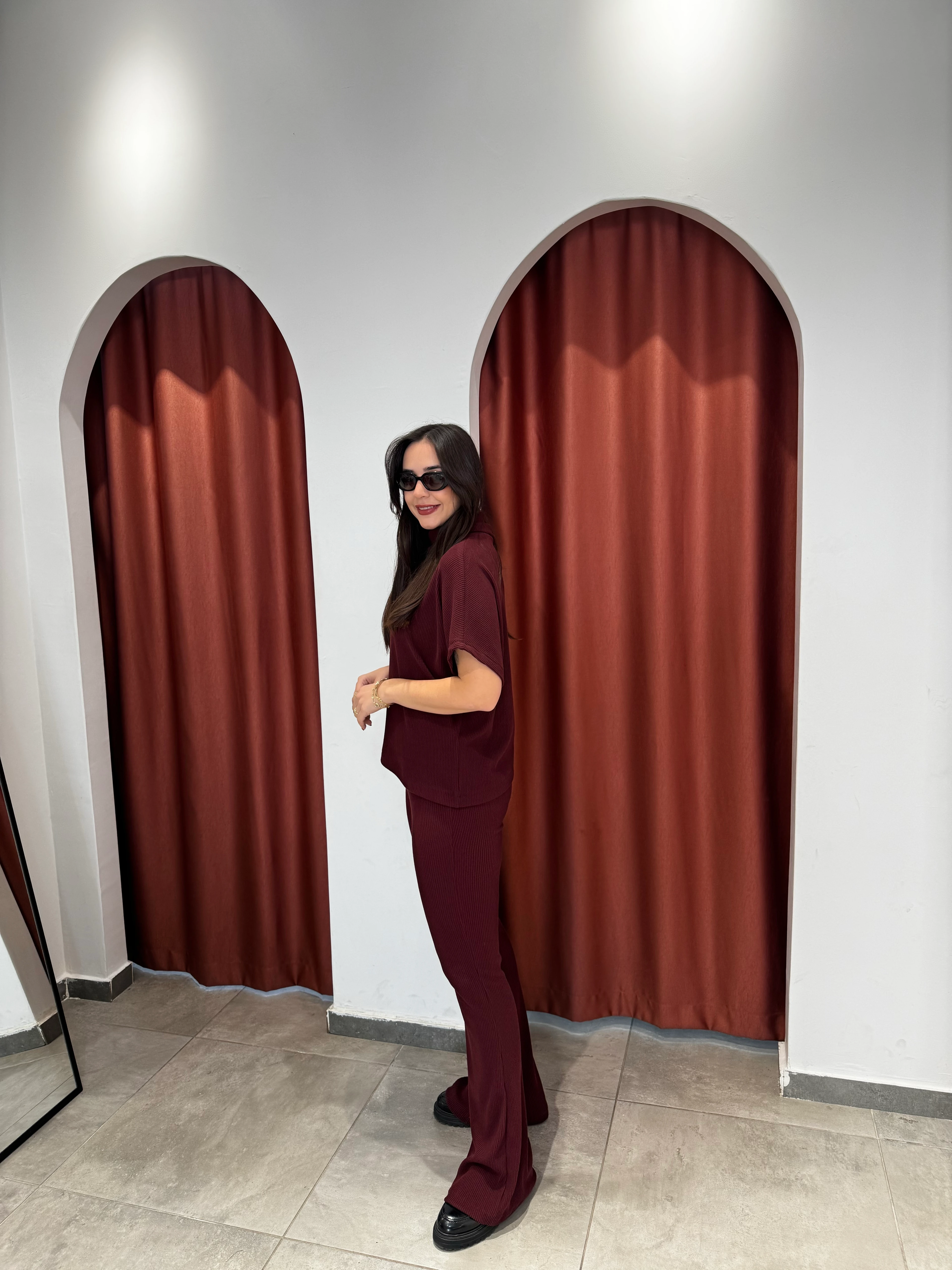 Yüksek Bel Örme Bordo Pantolon