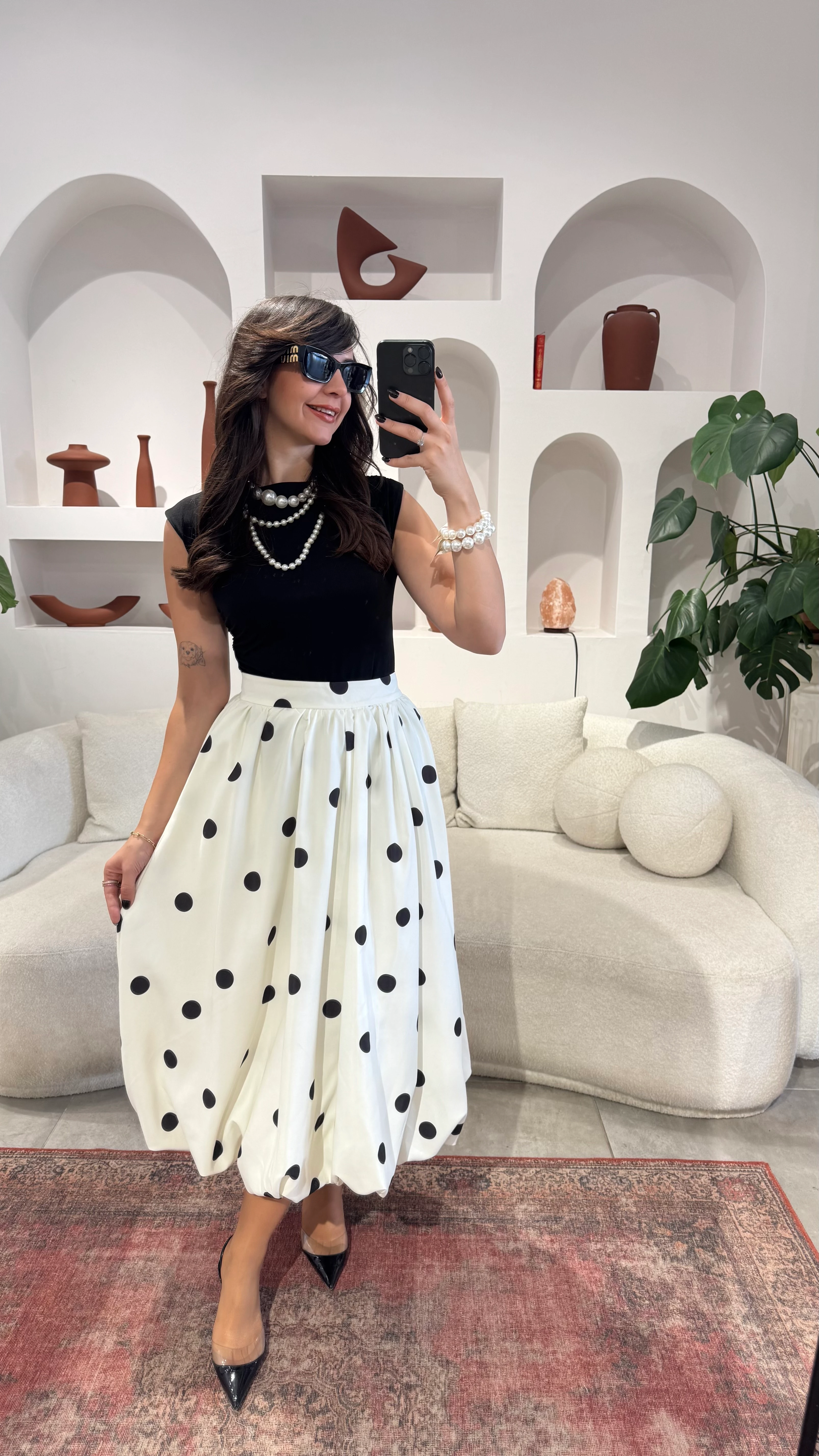 Beyaz Puantiyeli Etek