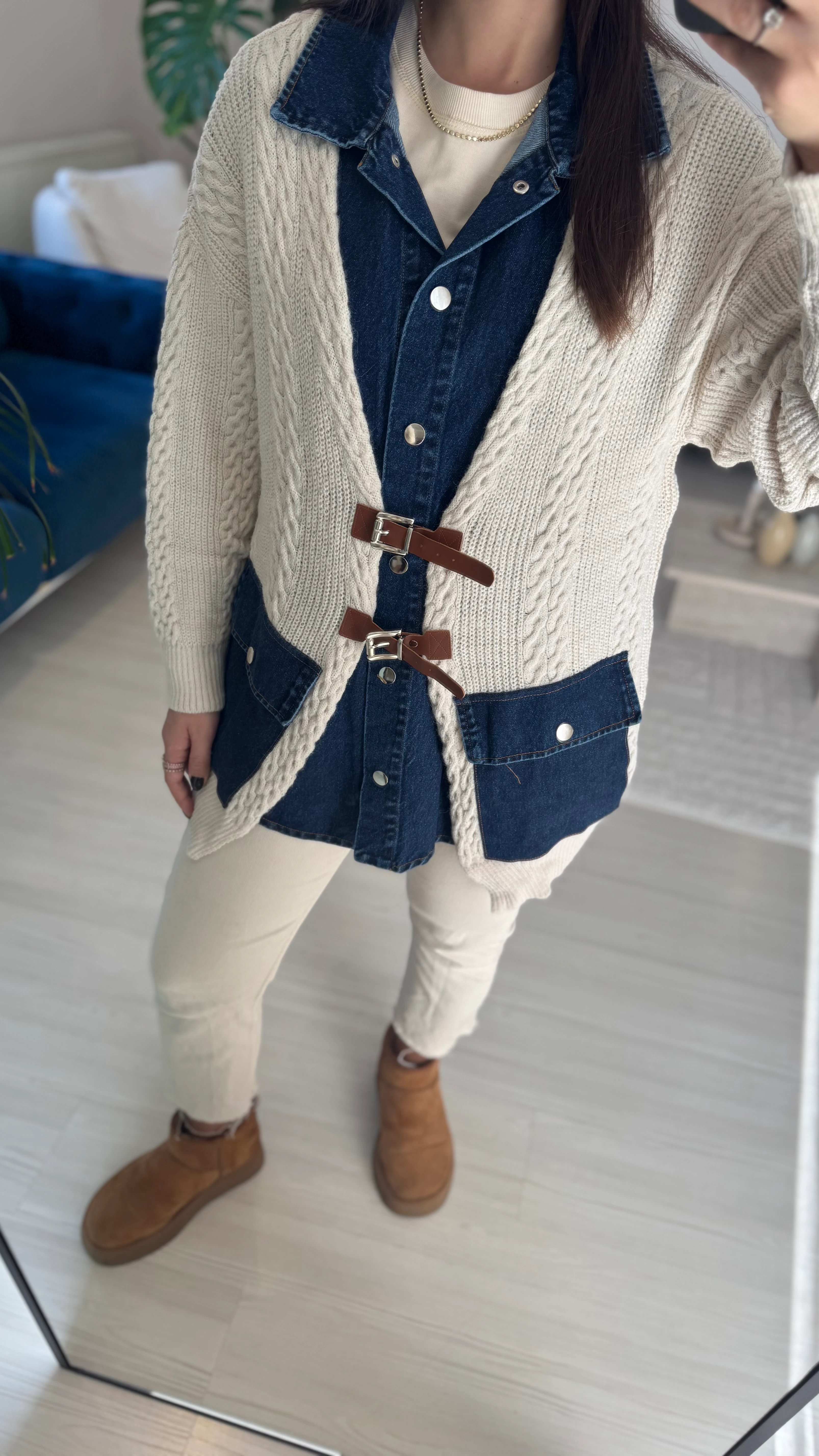 Jean Detaylı Kemerli Hırka 