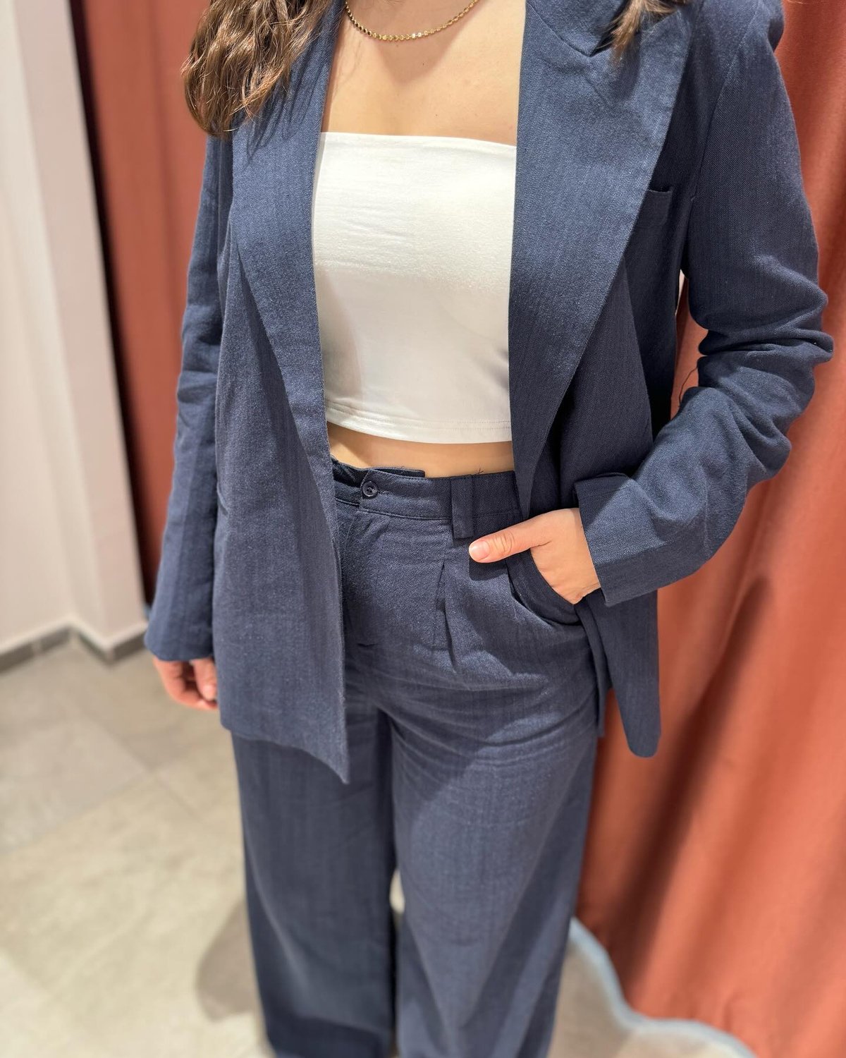 Takım Keten Lacivert Blazer Pantolon
