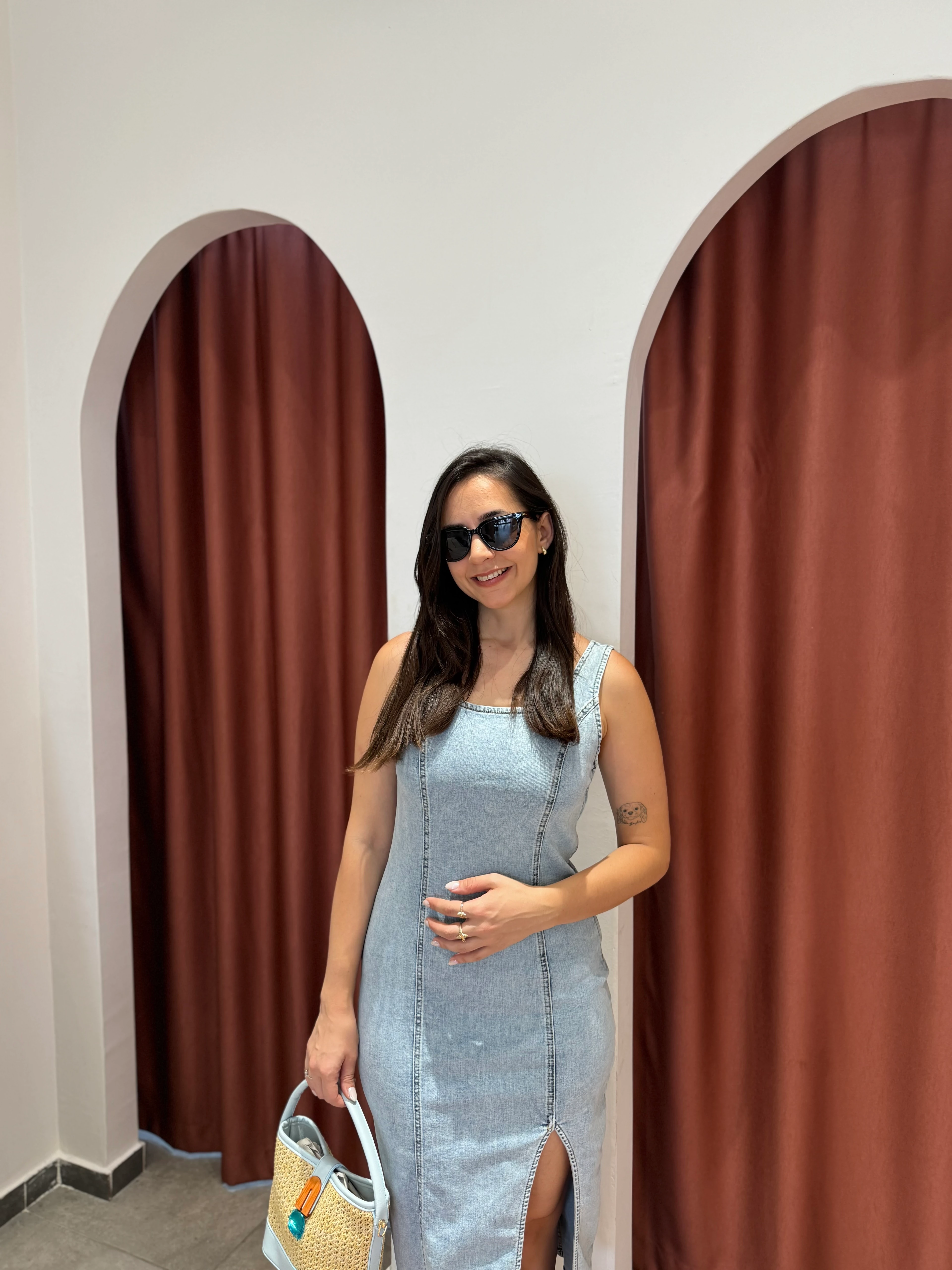 Denim Yırtmaçlı Mavi Elbise