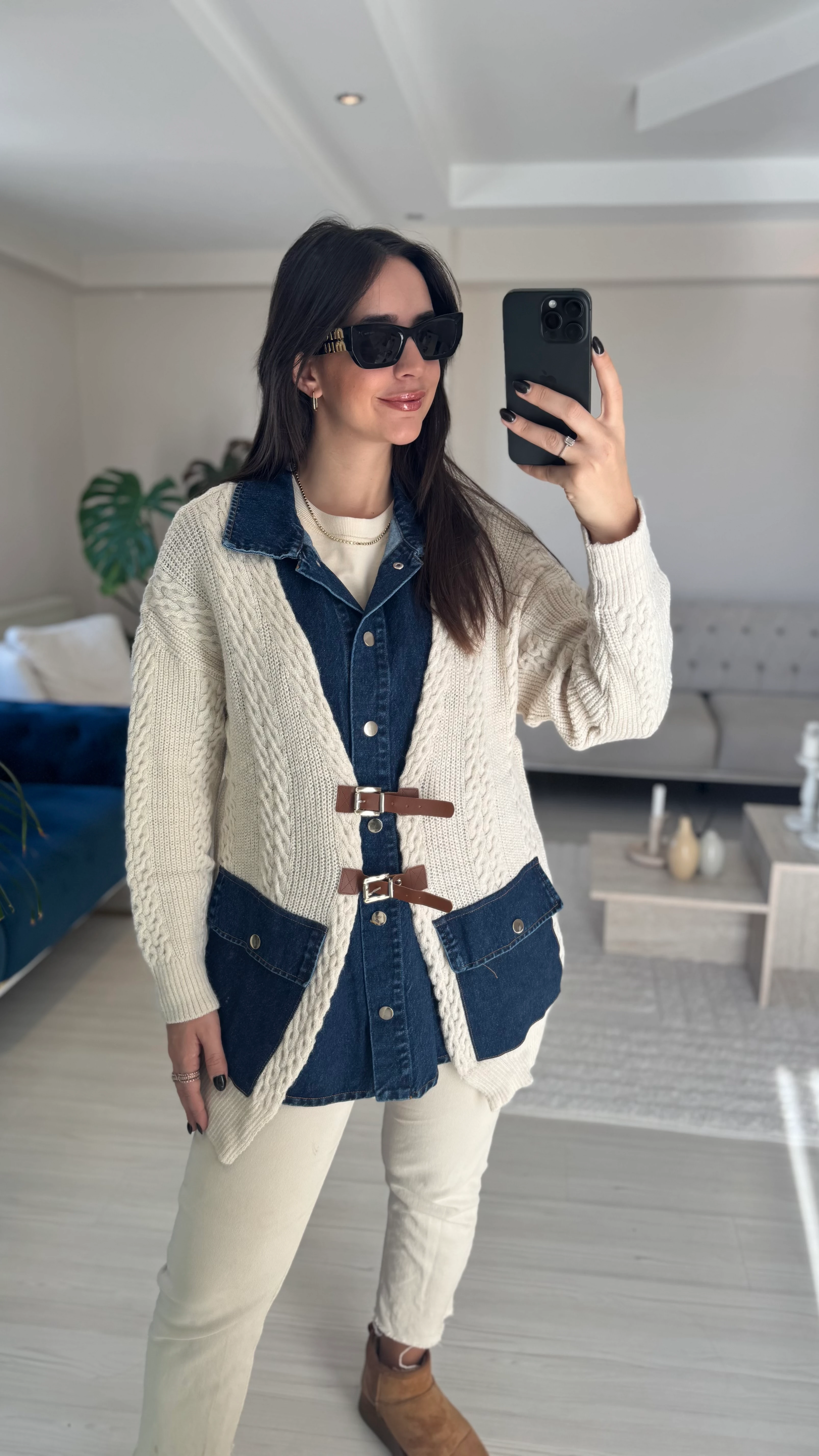 Jean Detaylı Kemerli Hırka  image