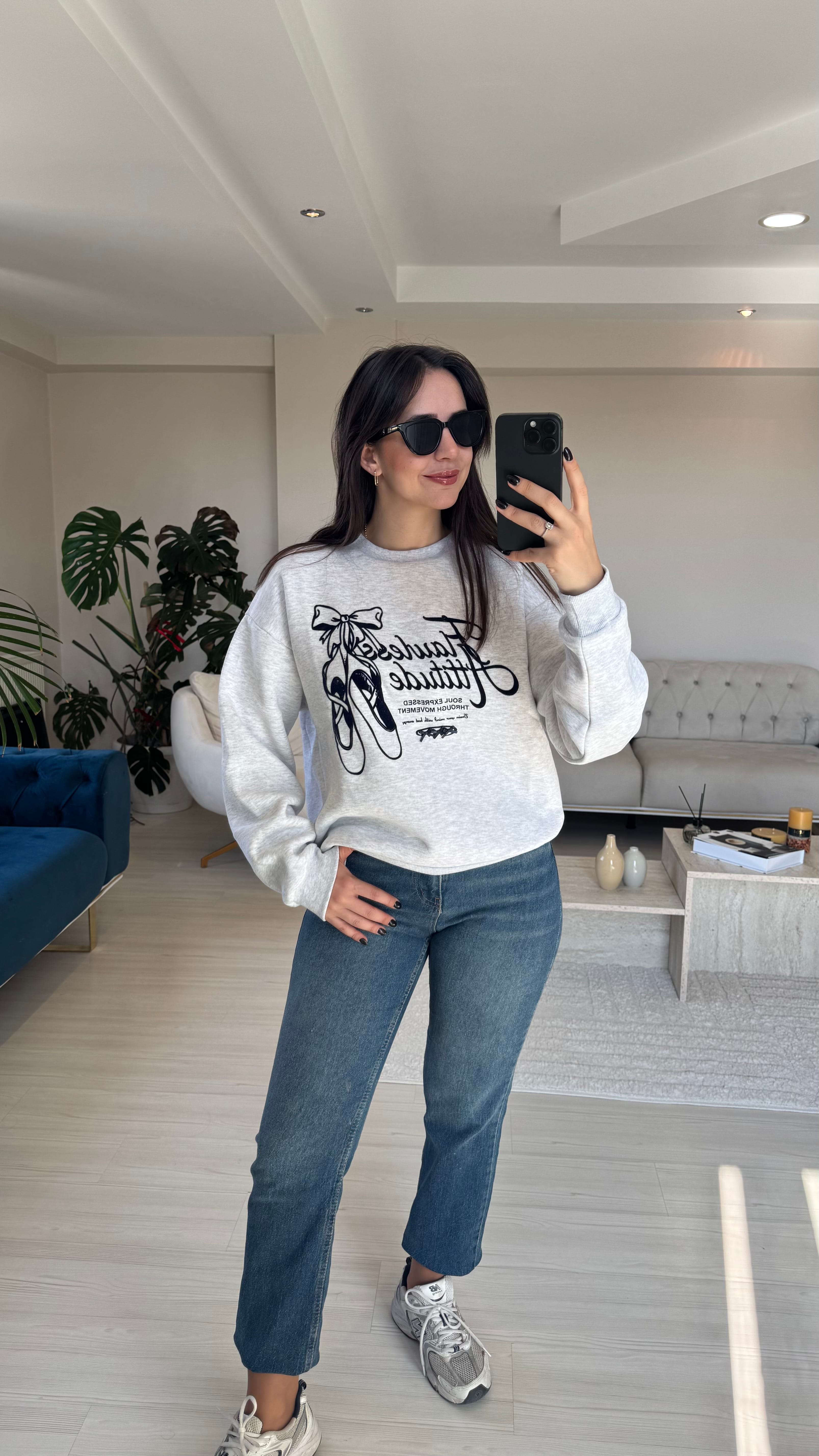 Figürlü Gri Melanj Sweat