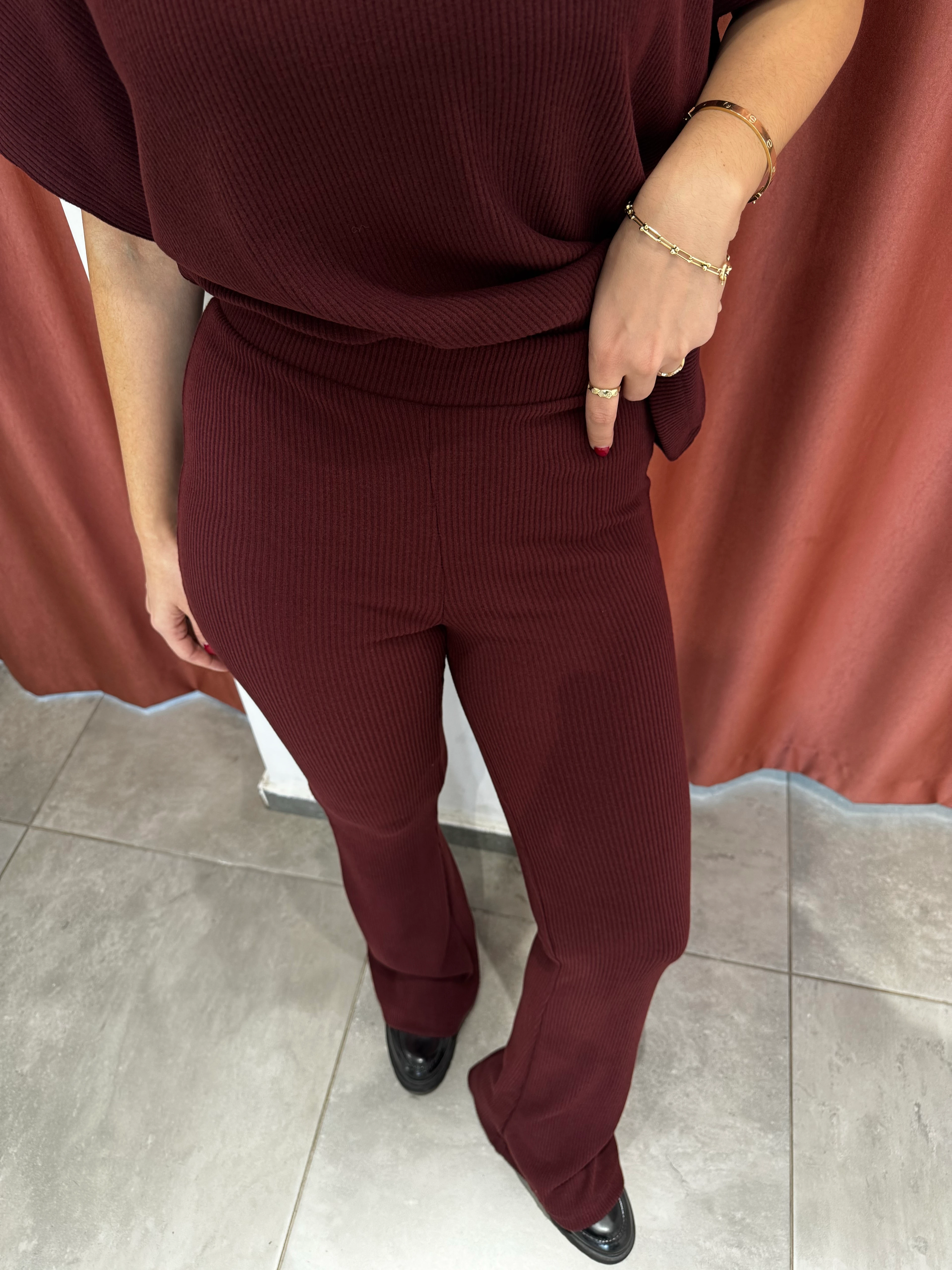 Yüksek Bel Örme Bordo Pantolon