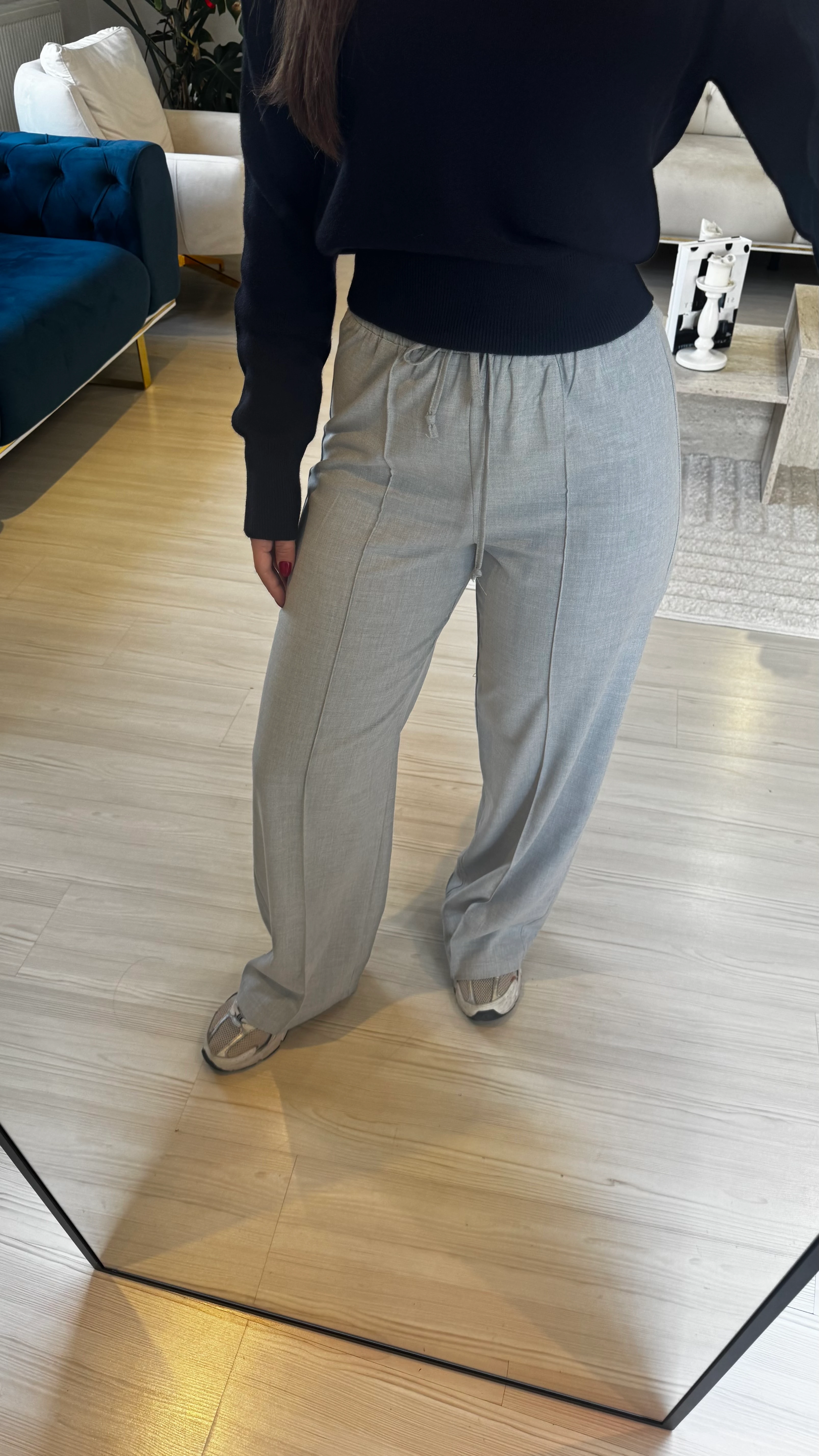 Gri Beli Lastikli Pantolon