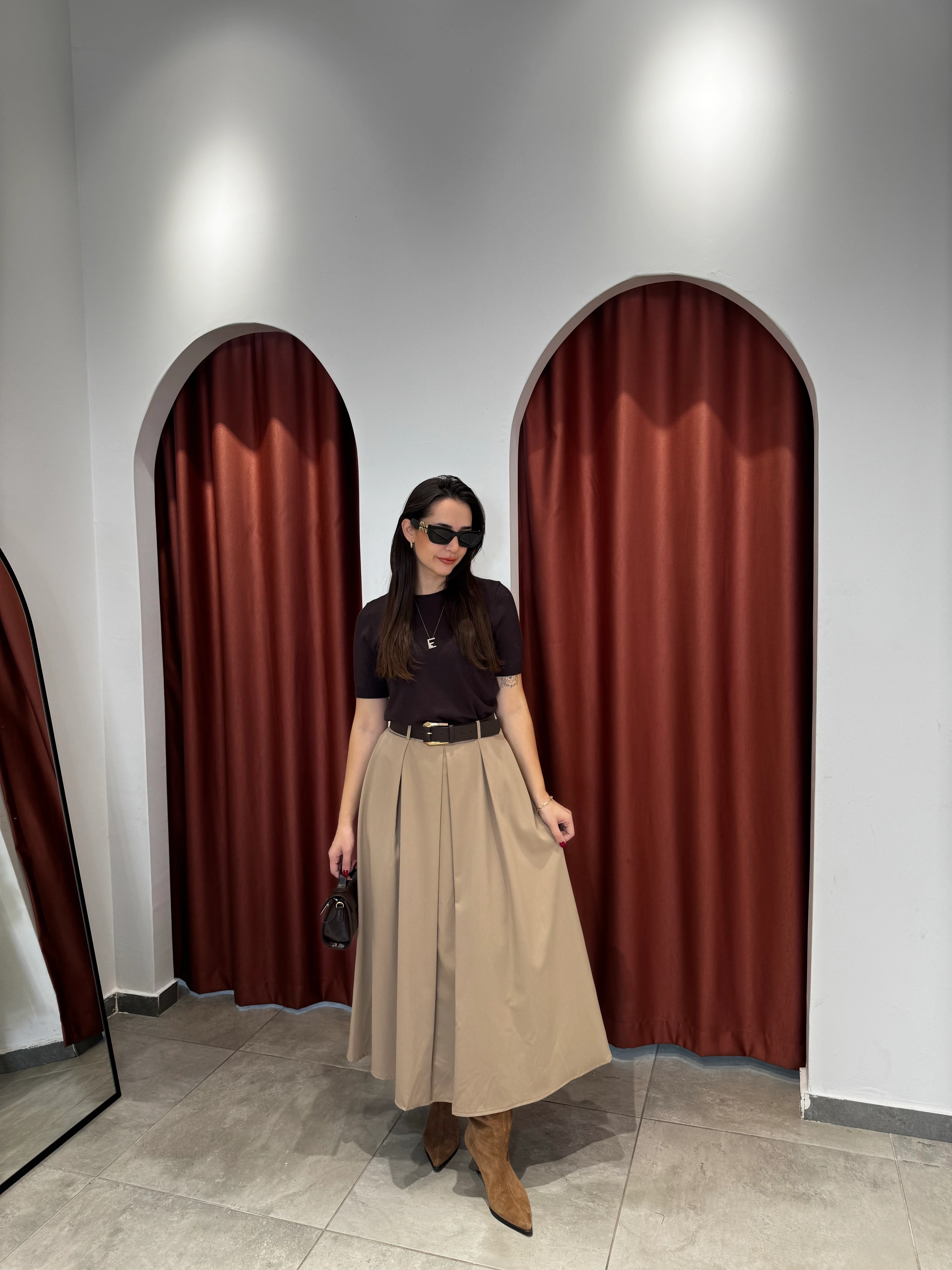 Camel Poliviskon Kemerli Etek