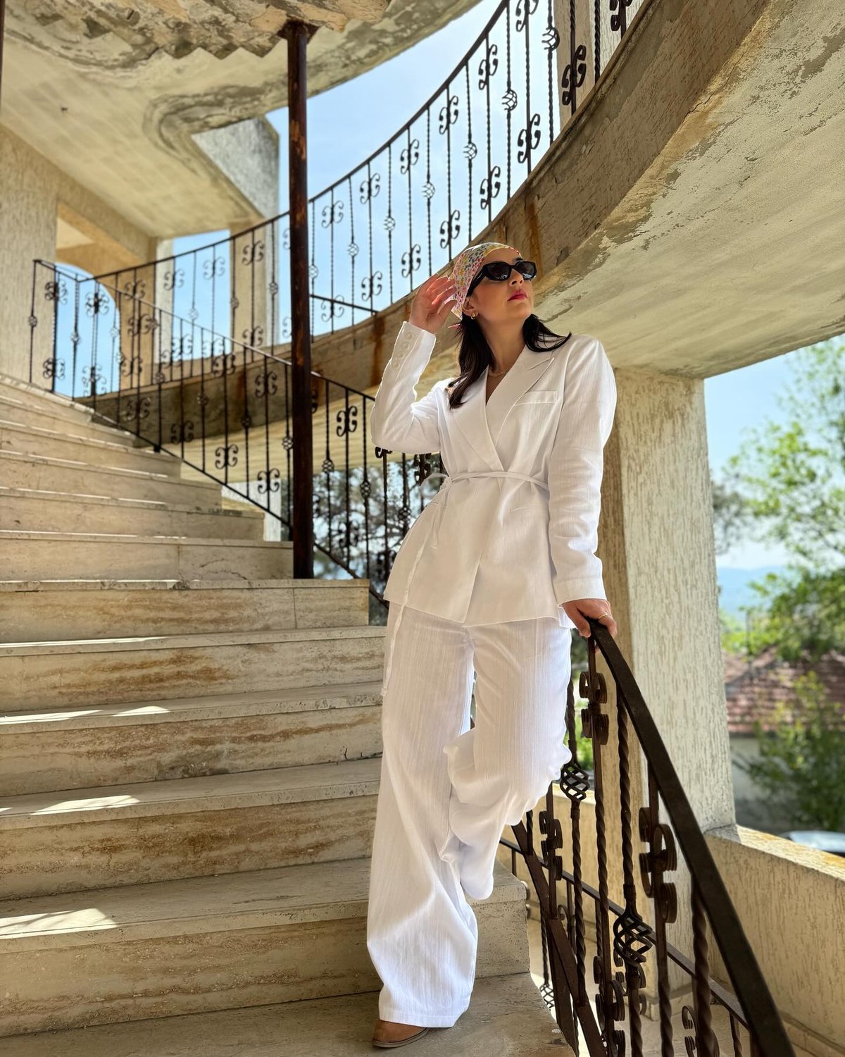 Takım Keten Beyaz Blazer Pantolon