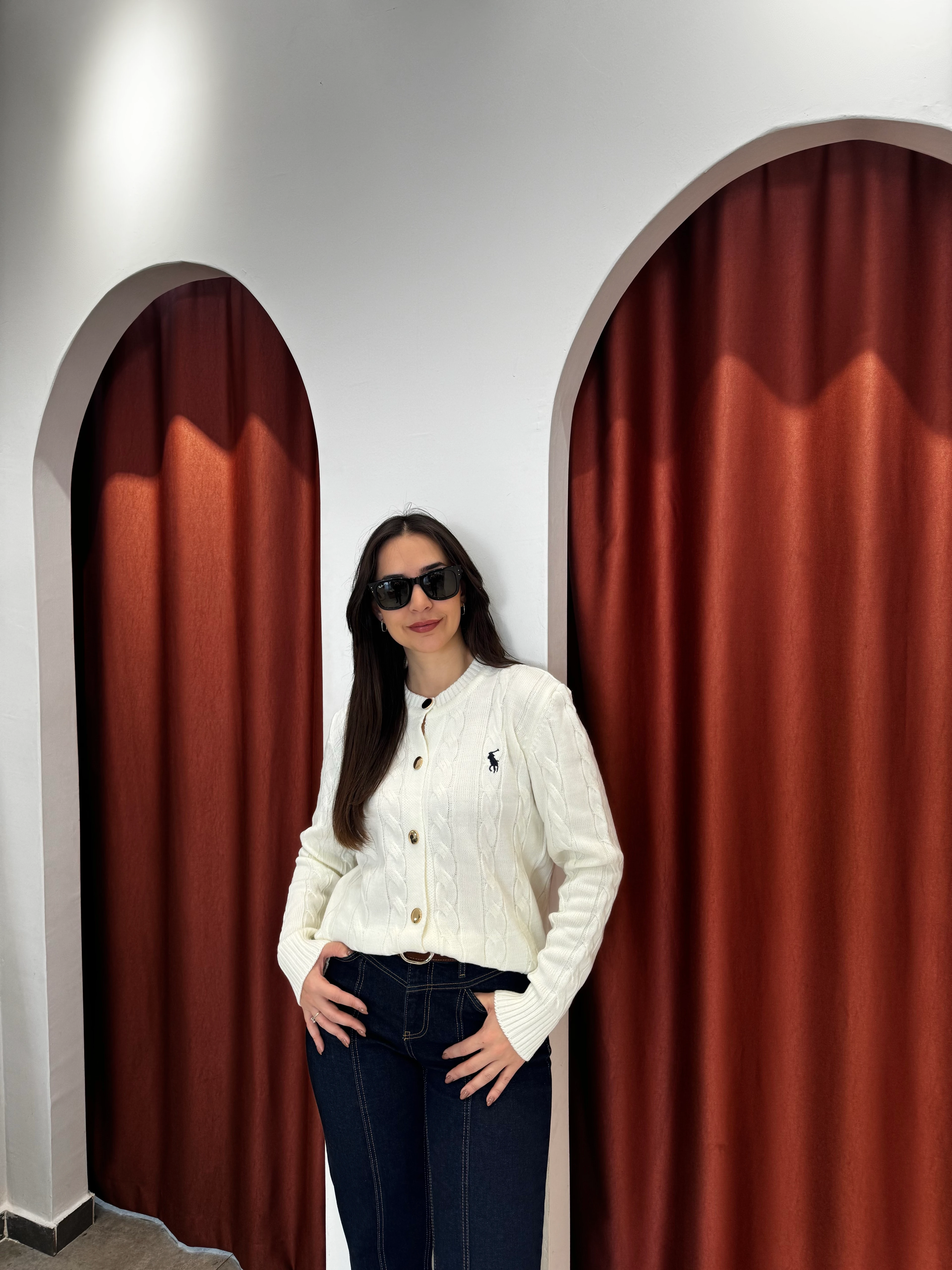 İthal Polo Düğme Detaylı Ekru Hırka