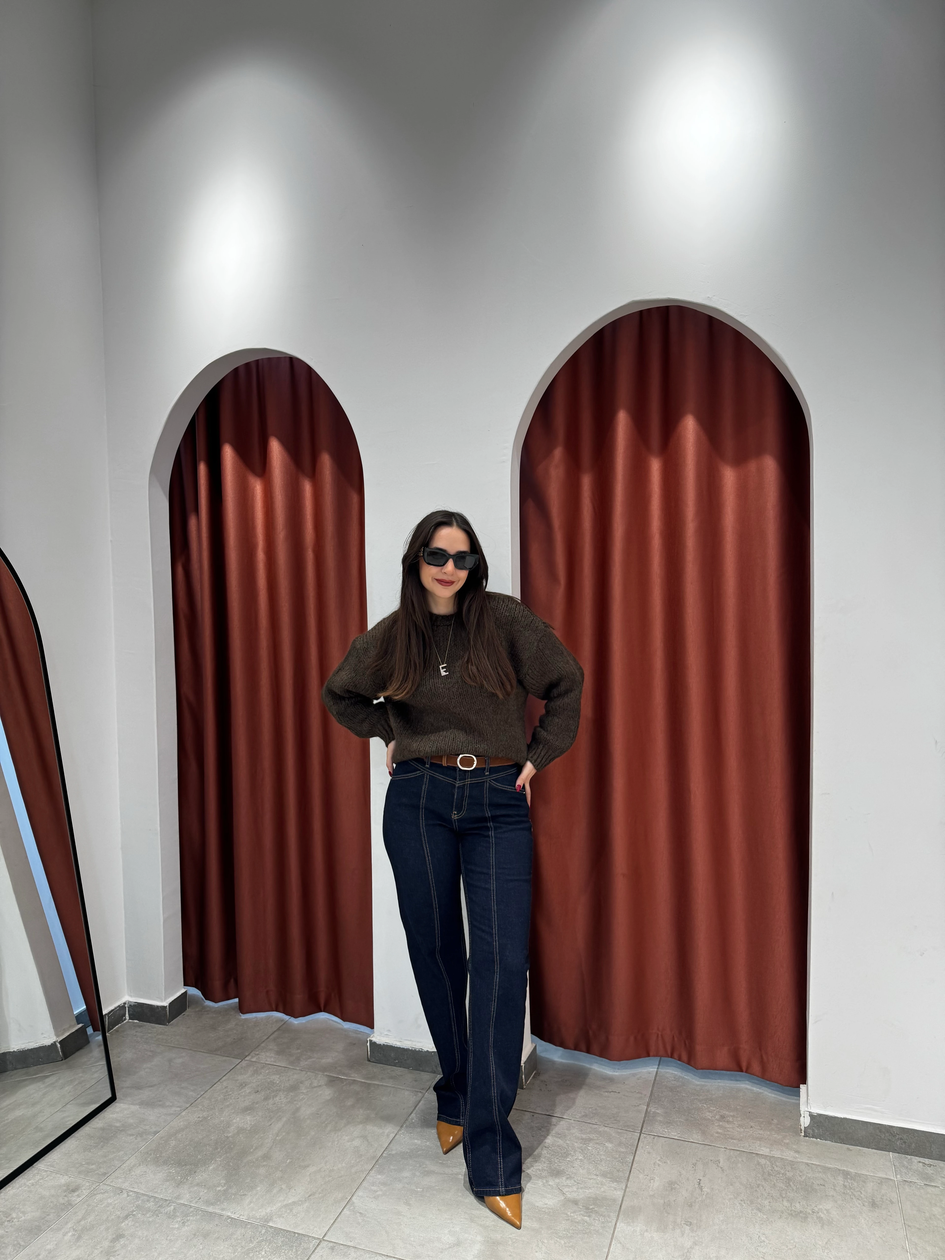 Lacivert Önden Çizgili Kemerli Jean