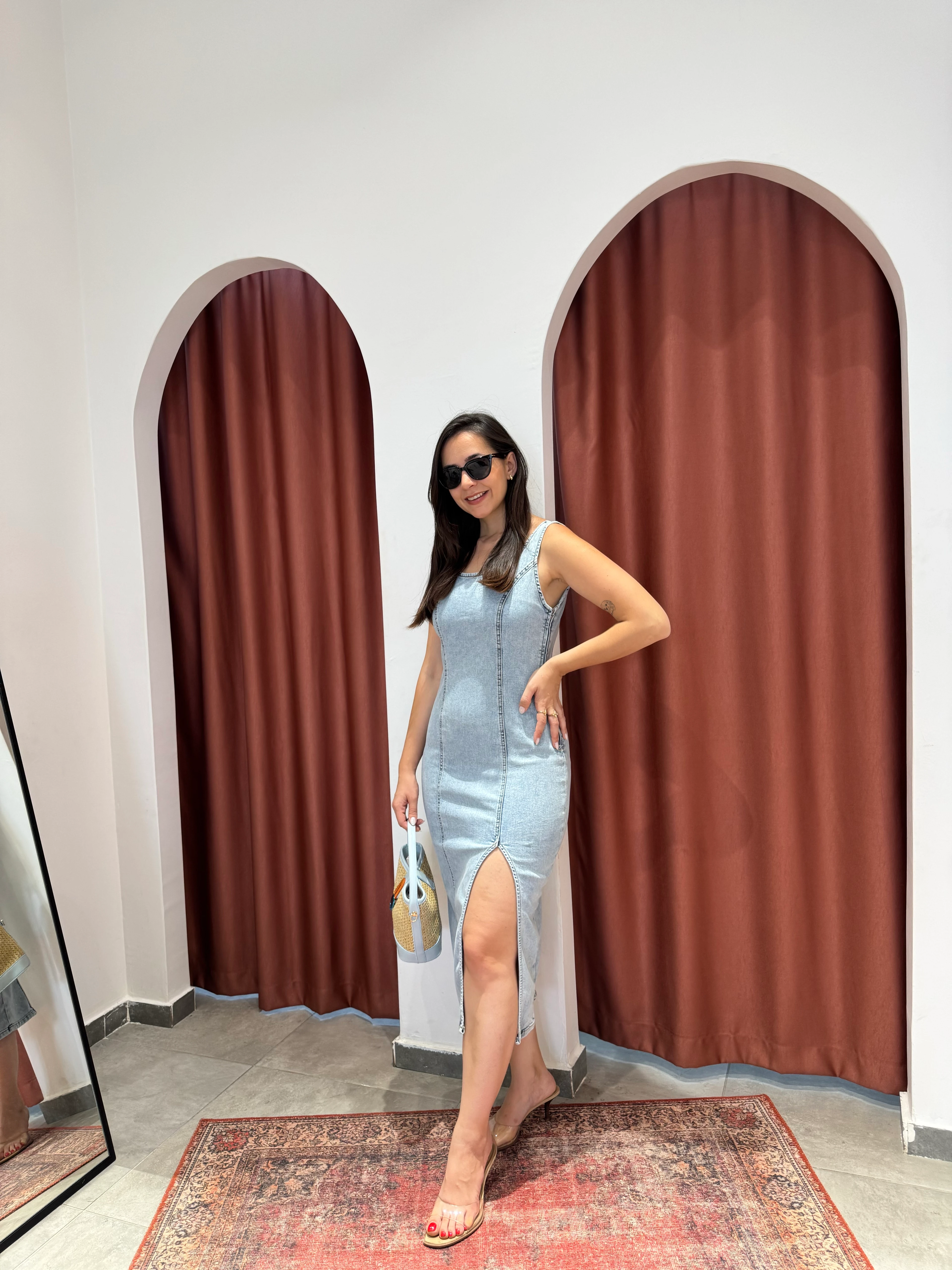 Denim Yırtmaçlı Mavi Elbise