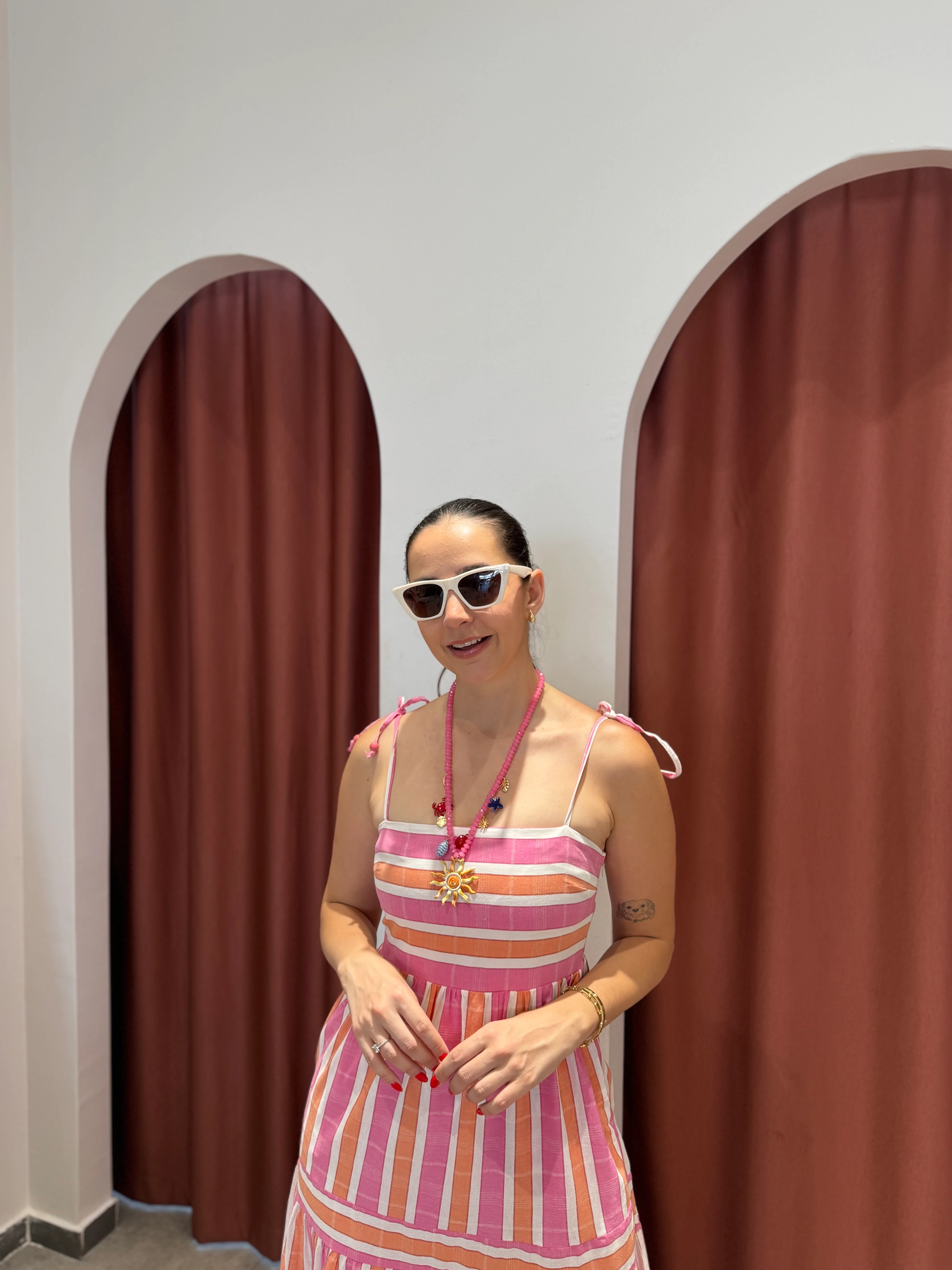 Keten Pembe Çizgili Elbise