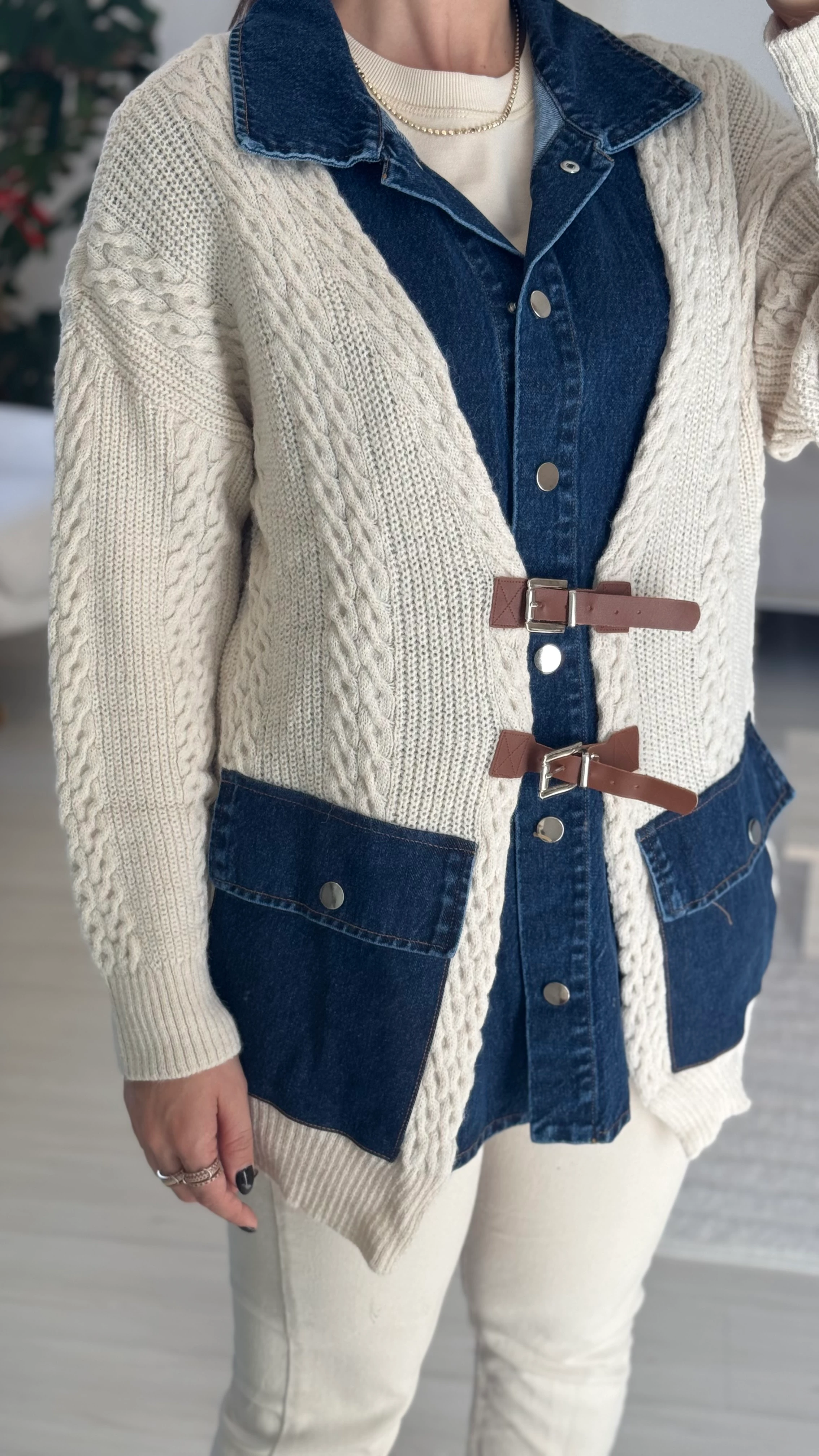 Jean Detaylı Kemerli Hırka 