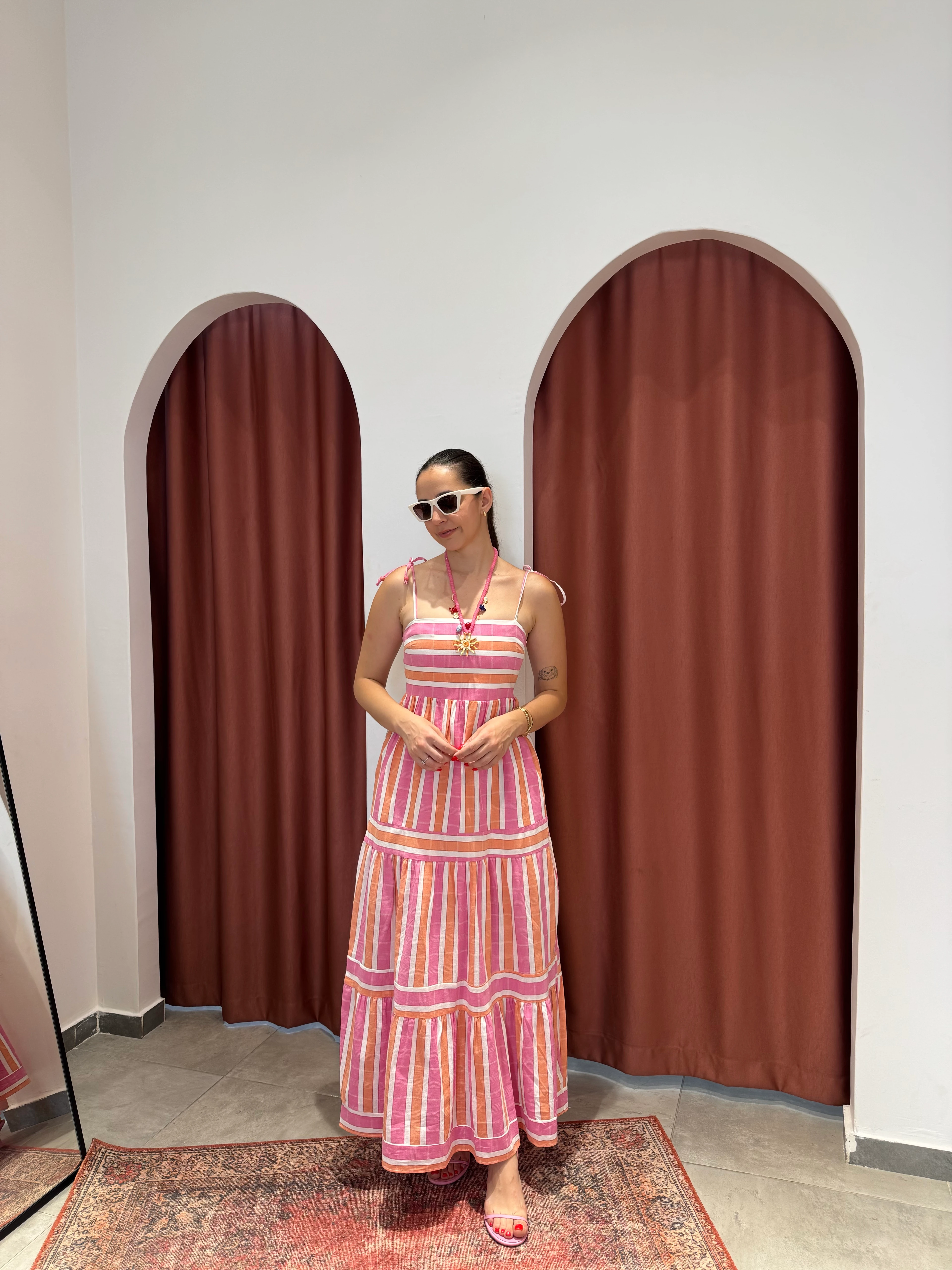 Keten Pembe Çizgili Elbise